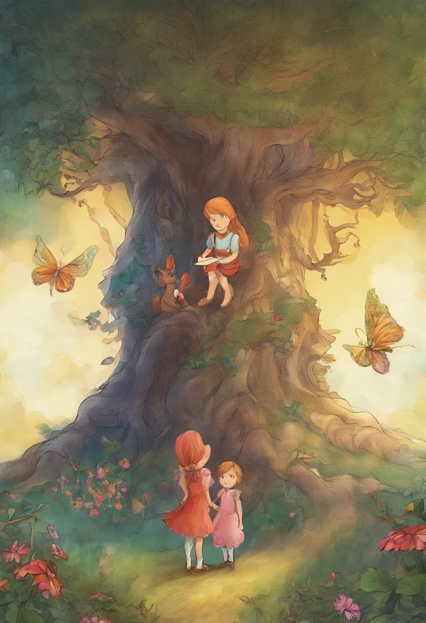 3 Children facing the foreground; arvore ao fundo, Composition for children's book cover