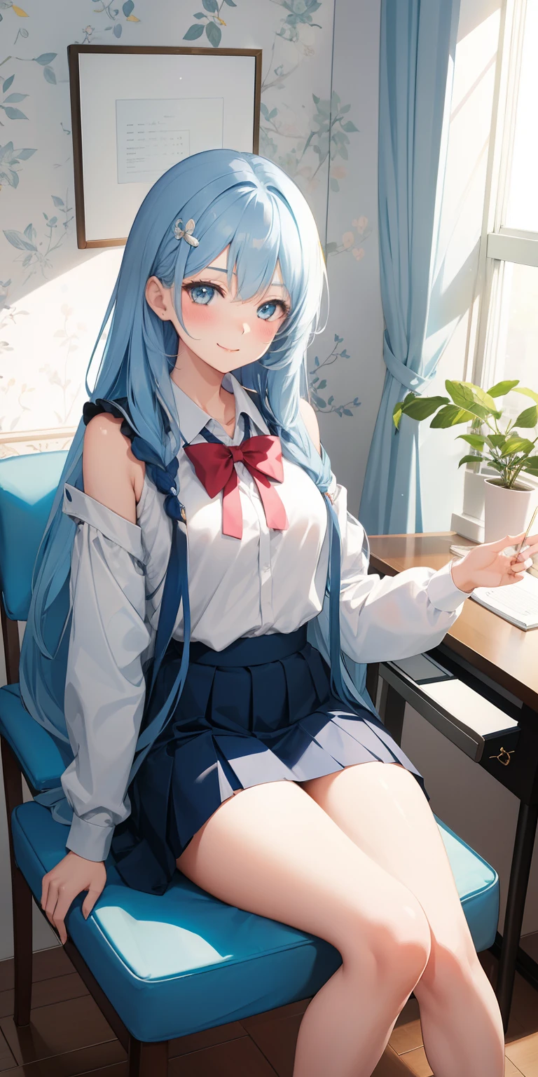 1girl, long shoulder-length hair, light blue hair, school uniform, skirt, thighs, smiling, happy, blush, sitting, chair, glowing, sidelighting, wallpaper