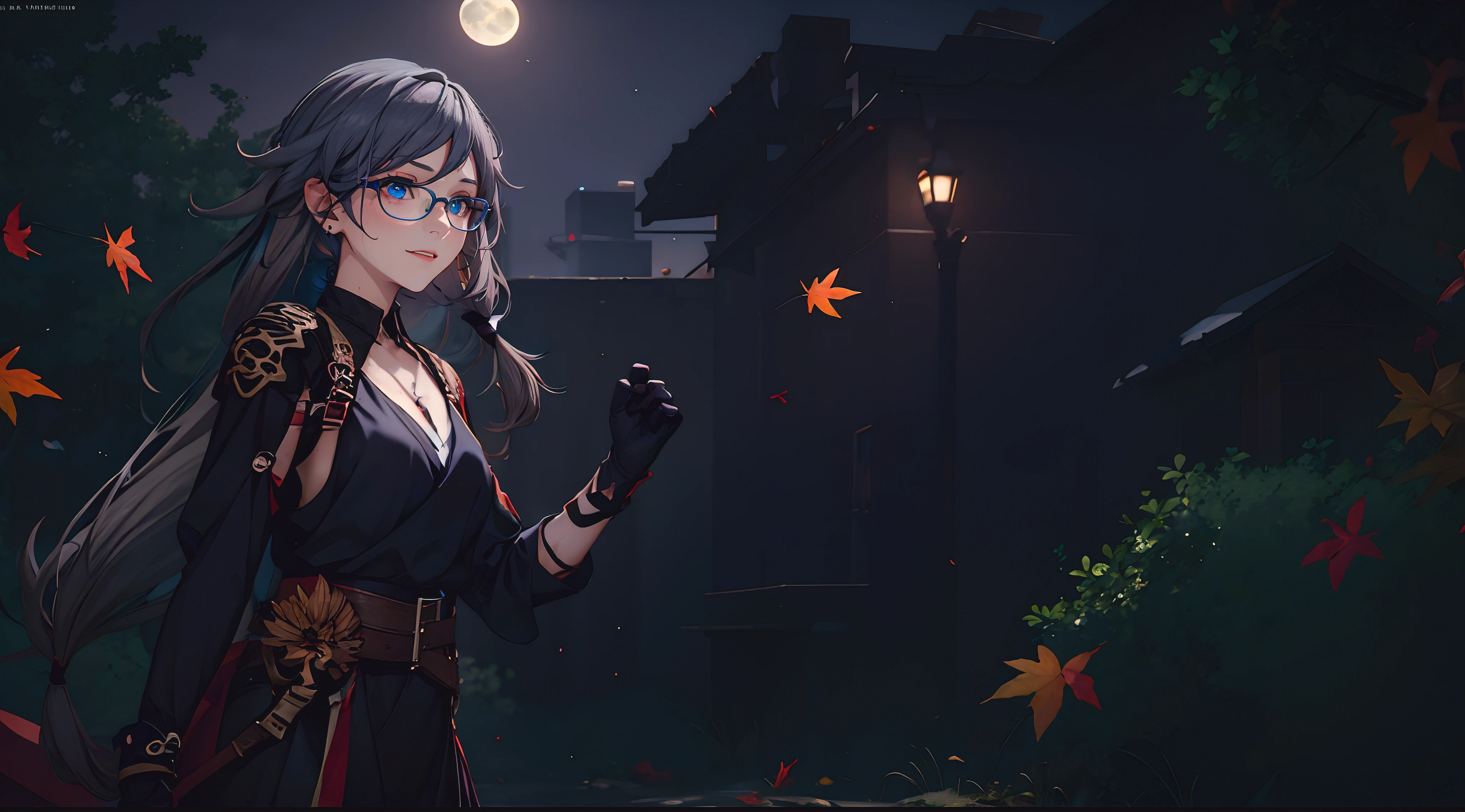 Fu Hua(Rustic Noir), (grey hair, long hair:1.7), (sweating:1.4), glasses, maple_leaf, leaf, autumn_leaves, 1girl, moon, gloves, night, breasts, solo, falling_leaves, looking_at_viewer, black_gloves, holding_leaf, outdoors, makeup, autumn, sky, long_sleeves, night_sky, holding, large_breasts, tree, standing, jewelry, ribbon, dress, lipstick, glow effects, godrays, Hand drawn, render, 8k, octane render, cinema 4d, blender, dark, atmospheric 4k ultra detailed, cinematic, Sharp focus, big depth of field, Masterpiece, colors, 3d octane render, 4k, concept art, trending on artstation, hyperrealistic, Vivid colors, extremely detailed CG unity 8k wallpaper, trending on CGSociety, Intricate, High Detail, dramatic