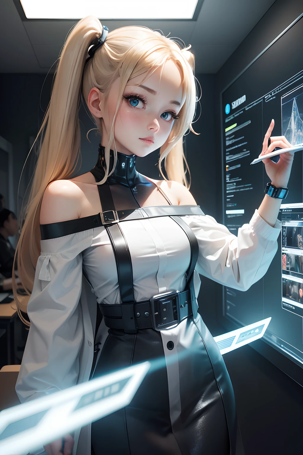 Cyborg teacher with mechanical arms and bionic eyes, Wearing a white off-the-shoulder lab coat and holding a holographic tablet, Stand in front of an interactive digital whiteboard, She shows complex graphics and formulas, While teaching a class of students with augmented reality headsets and smart bracelets, in modern, Lighted classroom, With windows to create a futuristic cityscape with skyscrapers and flying vehicles. Petite girl with blonde twin tails