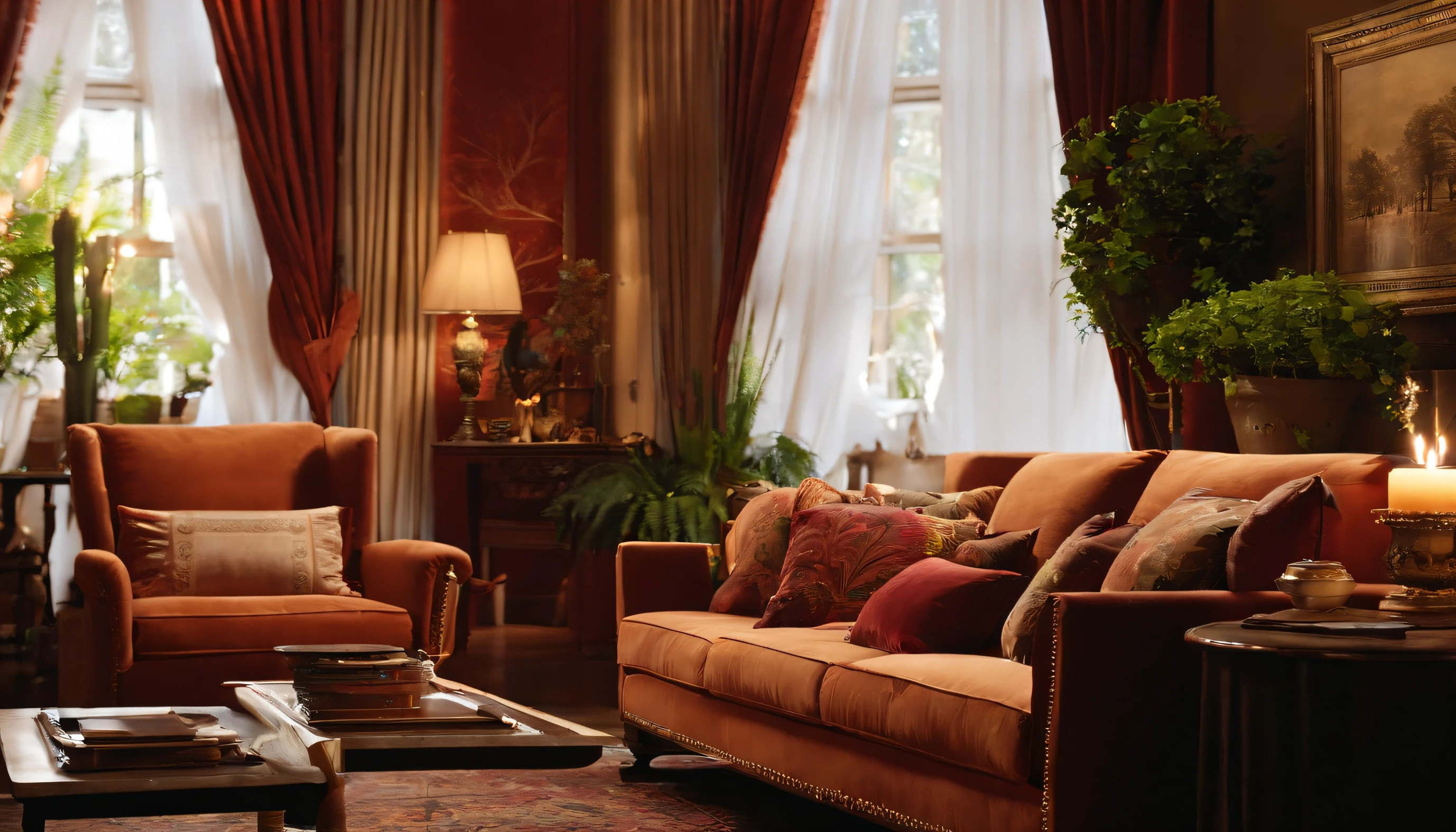 Create a living room, Use warm colors, Soft textile elements, Use two candles, Place books and magazines on wooden shelves, Two decorative pillows, Place one plant, soft light, Curtains, Photos & Pictures.