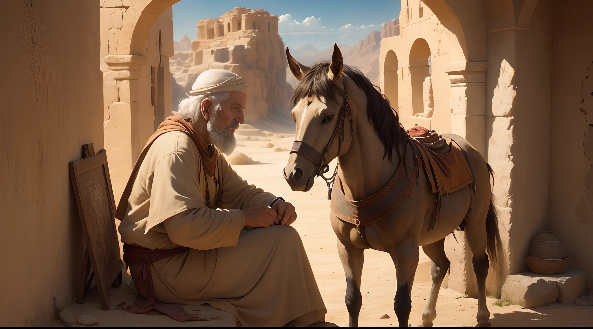 (old man,biblical times,riding on donkey),traditional medium (painting,fresco),detailed landscape,characterized by Middle Eastern architecture and terrain,authentic costume and aged appearance,turbulent sky with dramatic clouds,holy atmosphere,sunlight piercing through the clouds,shadows and light playing on the hills and valleys,sparse vegetation and desert plants,sand dunes,ancient ruins in the background,authentic ancient text inscriptions on the stone walls,vibrant colors with warm earth tones,golden and amber hues,soft and warm lighting,emphasis on texture and brushstrokes,depth and perspective in the painting,attention to small details like cracks on the walls and wrinkles on the old man's face,masterpiece:1.2,ultra-detailed,realistic:1.37.