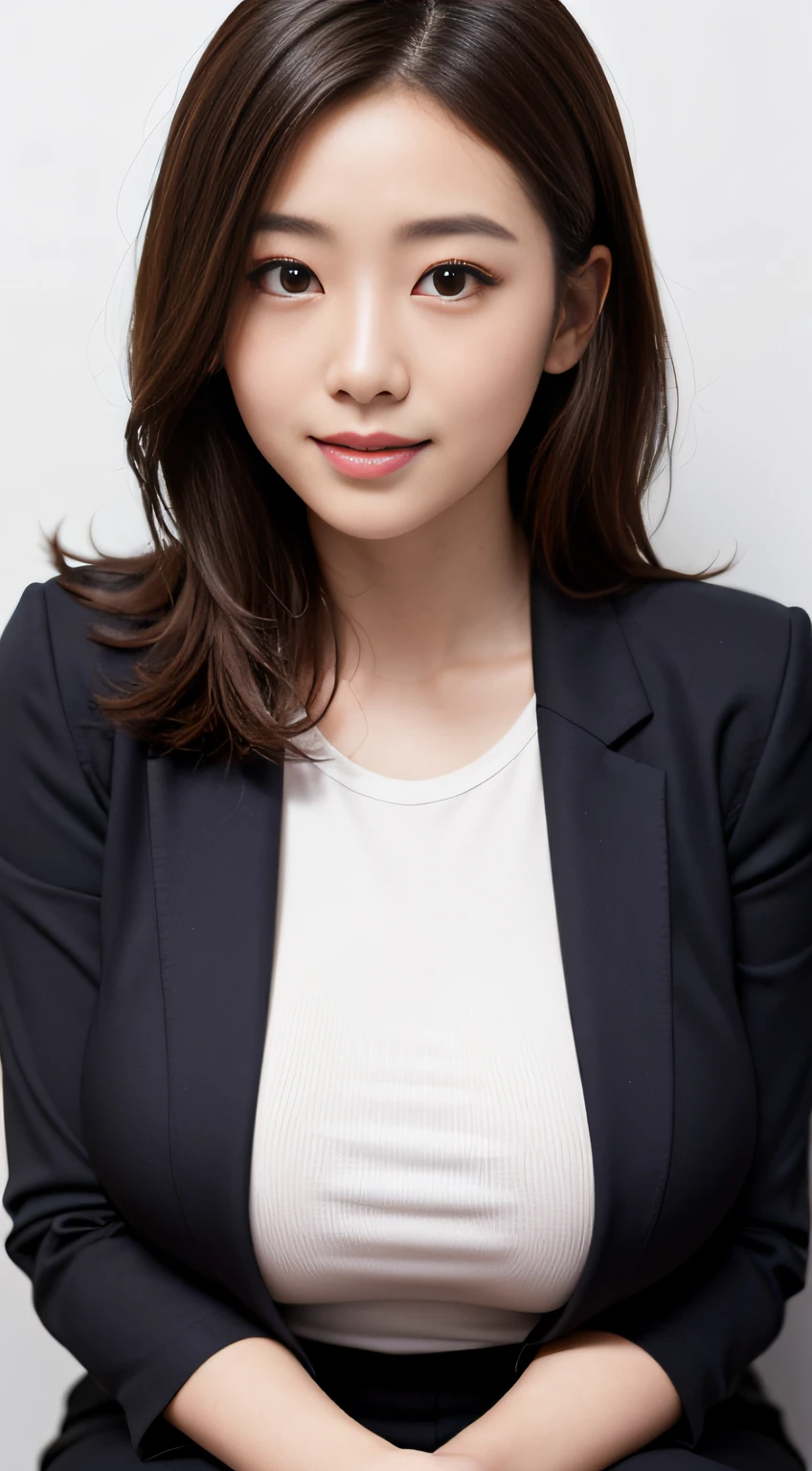 (best quality, masterpiece:1.2), white background, (gigantic breasts:1.2), realistic, big breasts, huge breasts, gigantic hips, thicc, small waist, long legs, thick thighs, fair skin, rosy cheeks, porcelain like skin, white t-shirt, crew neck, closed-neckline, pants, (business jacket:1.2), (brown hair:1.2), big eyes, beautiful woman, smile, eyelashes, highly detailed face, sitting, japanese goddess, japanese actress, japanese model,