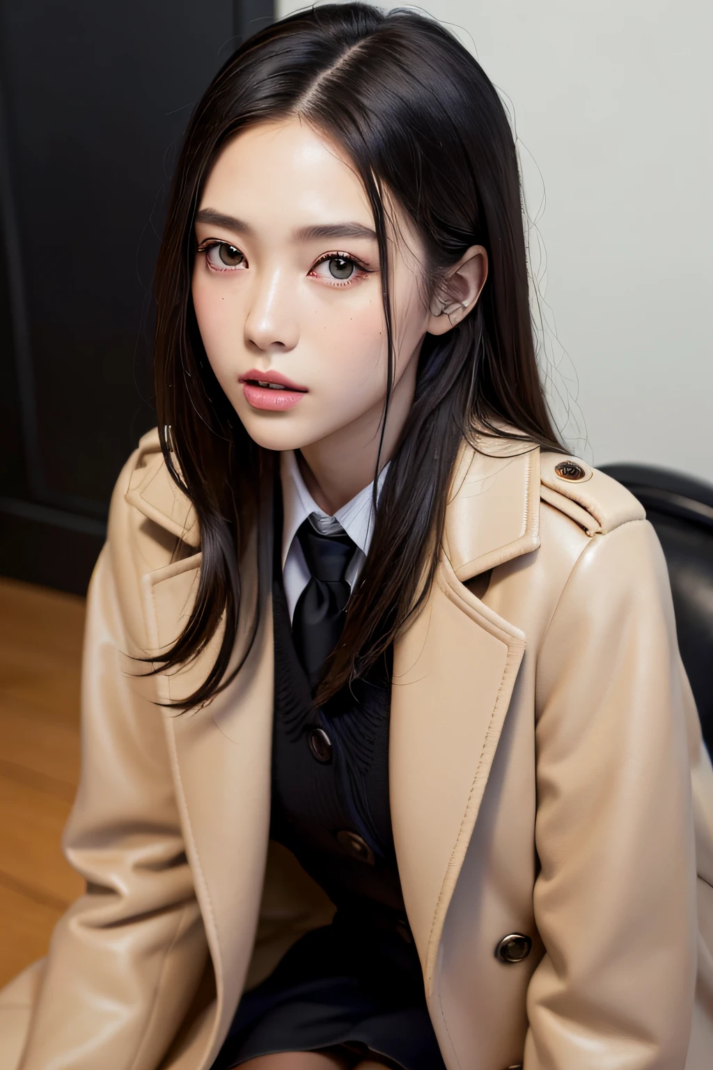 ((masterpiece)), best quality, extremely detailed face, ultra high res, (photorealistic:1.4), Amazing, finely detail, huge filesize, correct exposure, 1girl, svelte body, 162cm height, (intricate details), SOLO, looking at viewer, perfect lighting, realistic, lips, blush, shiny skin, fair skin,extremely detailed face, beautiful detailed eyes, (detail skin:1.2), makeup, depth of view, ((school uniform, overcoat,black stocking,leather shoes,)),full body, standing,