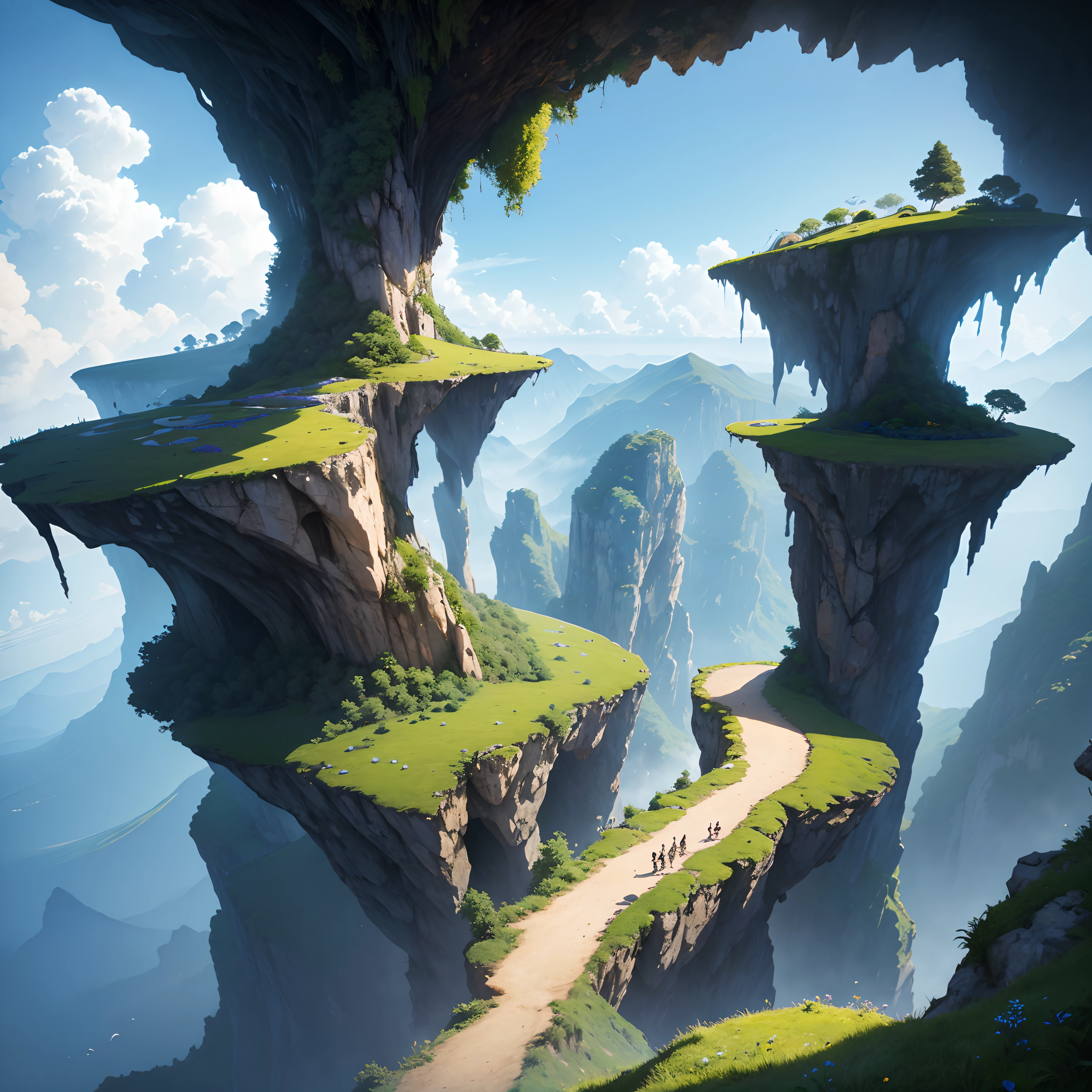 Picture a vast expanse of cerulean sky, where the heavens meet the earth in a surreal and dreamlike fusion. Rising from the very heart of the islands are towering peaks, colossal monoliths that appear to be plucked straight from the realm of dreams. These mountains possess a gravity-defying quality, as if nature herself decided to challenge the laws of physics.
Each mountain is a masterpiece of stone and flora, crowned with lush vegetation that clings to their vertical faces. Cascading waterfalls tumble from these lofty heights, their crystalline streams sparkling in the sunlight as they defy gravity's pull. The flora that adorns these floating wonders is exotic and enchanting, with vibrant hues and peculiar shapes that seem to belong to a world unknown.
The Elysian Cliffs are not mere rocks; they are living entities, teeming with life and energy. They seem to resonate with an ethereal power, emanating an aura of magic and mystery. The cliffs cast majestic shadows upon the land below, creating a kaleidoscope of shifting light and shade.
Surrounding these miraculous mountains, you'll find a patchwork of lush, floating gardens and terraces, where flora and fauna coexist in harmony. As an artist, I envision delicate, iridescent creatures flitting among the petals of exotic flowers, their wings reflecting the vivid colors of the landscape.
In the background, the Islands of Yor stretch out, a tapestry of green and blue, with hidden caves and secret lagoons waiting to be explored. The islands themselves are ensconced in a halo of mist, lending an air of enchantment and secrecy to the entire scene.
The Elysian Cliffs of the Islands of Yor are a place where reality and fantasy merge, where the laws of nature are suspended, and where the imagination knows no bounds. It is a vision of awe-inspiring wonder and an invitation to embark on a journey into the unknown, where art and technology converge to bring this mystical world to life.