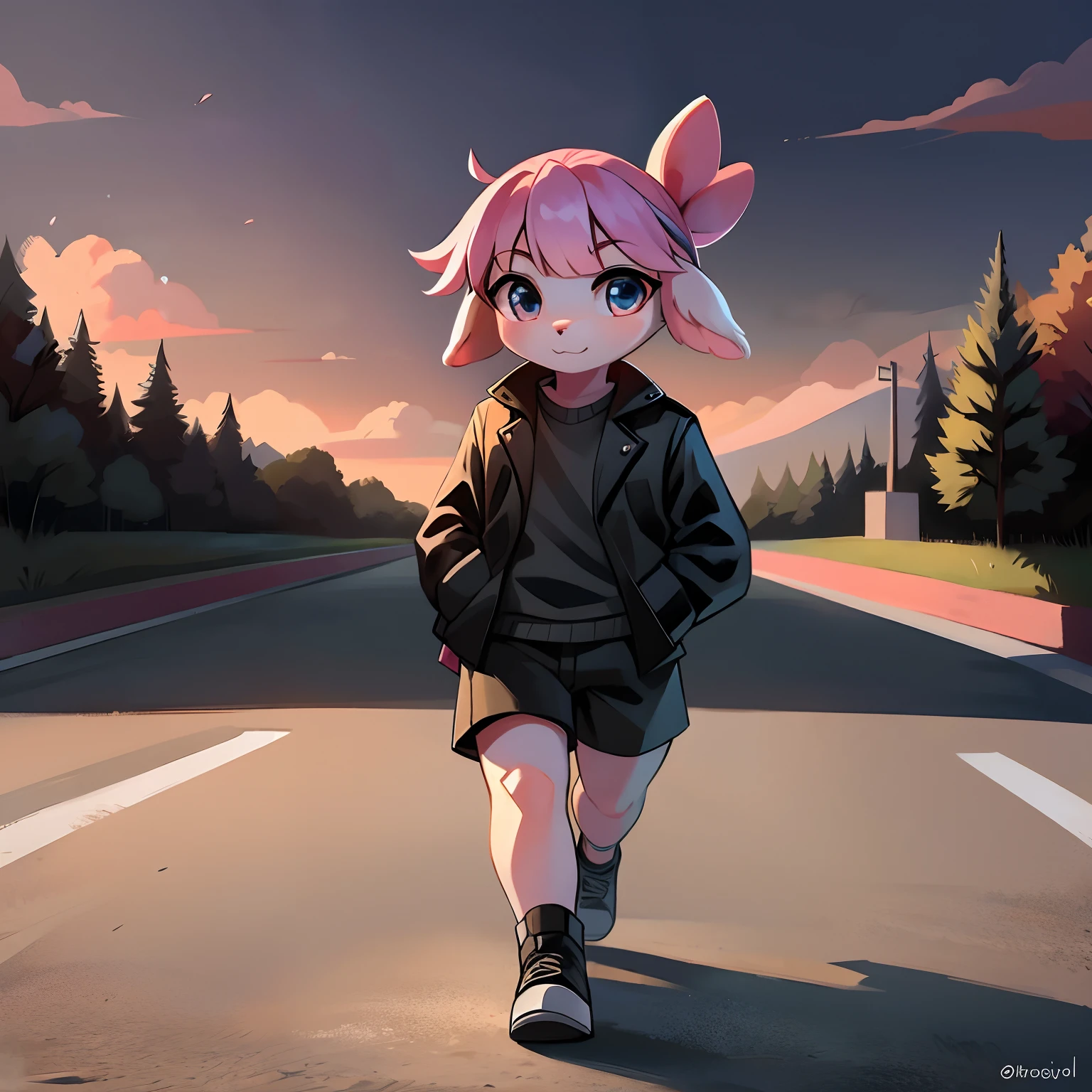 furry axolotl, walking on the road, facing away from the screen, wearing a black jacket, black shorts