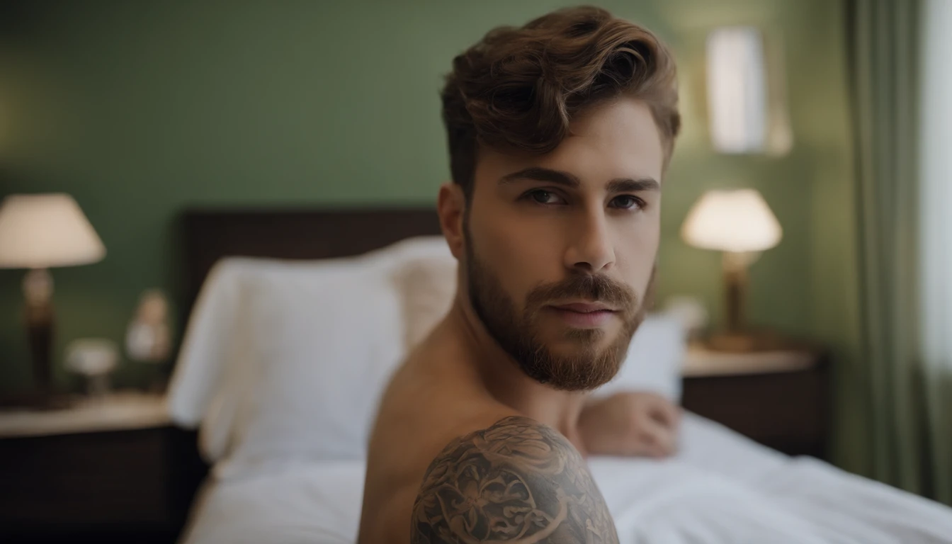 a thin white man, with marked abdomen, some body beauty, fleshy lips, wearing glasses, He is completely naked, lying in a bed, smiling and looking flirtatiously, You can see his penis and testicles, pubic hair.
