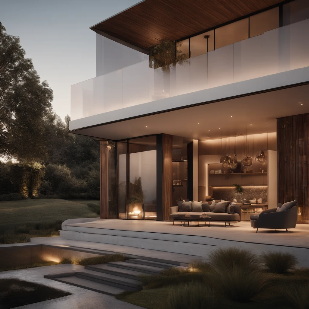 A meticulously designed luxury house with a minimalist approach. The 8k resolution showcases the high textures and intricate details of the architecture. The use of professional lighting elevates the overall ambiance, creating a visually striking and sophisticated living environment