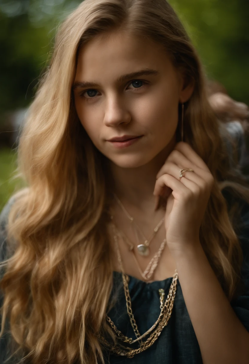 15 year old girl, im Park, sitzend auf Picknickdecke, Kette, Ohrringe, blonde Haare und Pferdeschwanz, realistisch,