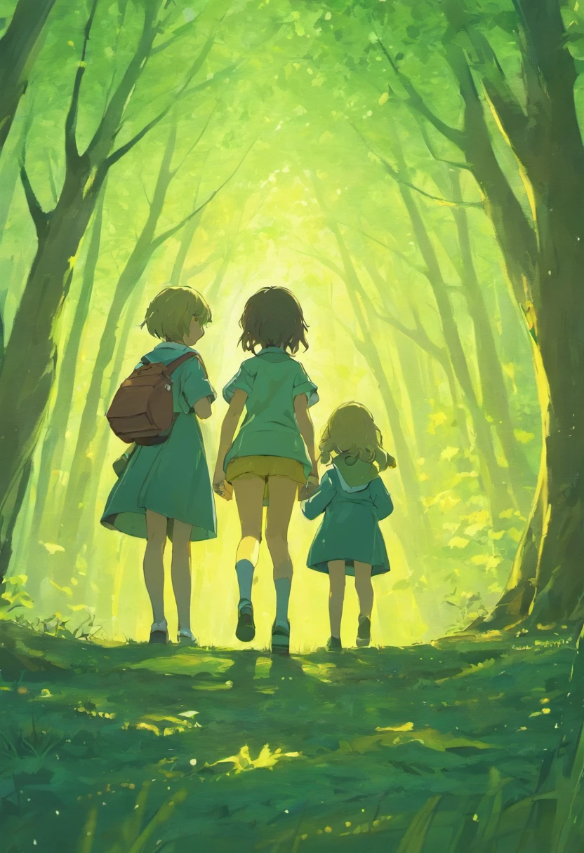 3 Children together facing in the foreground; arvore ao fundo, Composition for children's book cover