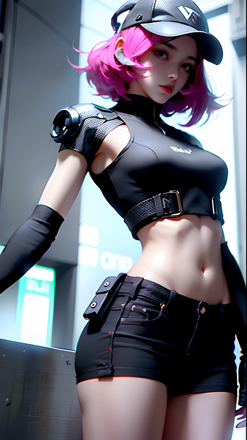 Beautiful woman medium hair, wearing cap, cyberpunk style short clothes