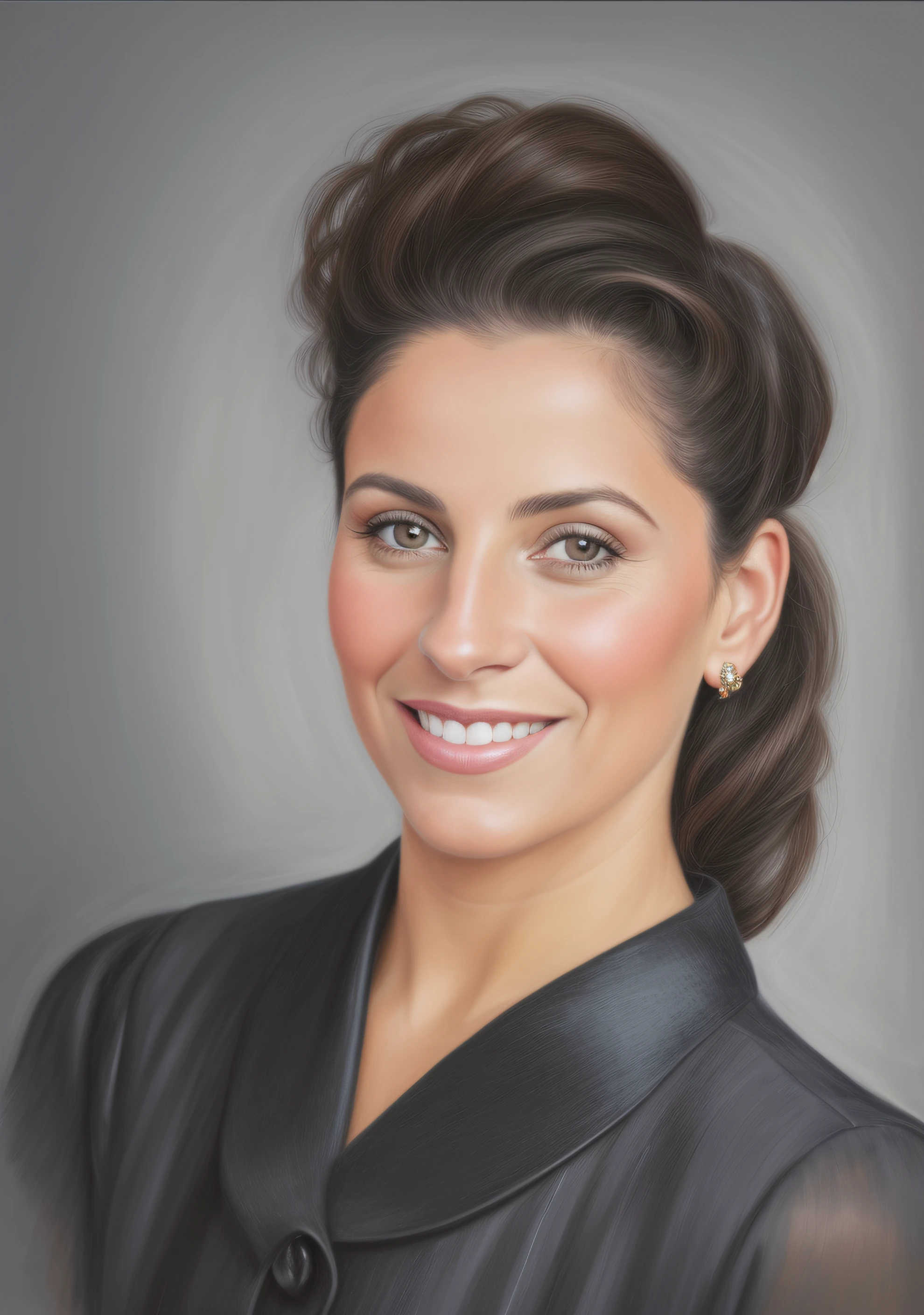 Arafed Mujer con un vestido negro y una sonrisa en su rostro, Retrato de alta calidad, Retrato estilizado Pose formal, Arte digital de un elegante, Retrato de estudio en color, Retrato de estudio realista, airbrush digital oil painting, Foto de retrato realista, Retrato detallado, Retrato en color, Dibujado con Photoshop, portrait realistic photograph, Arte digital!!, Una foto coloreada, Retrato de arte digital