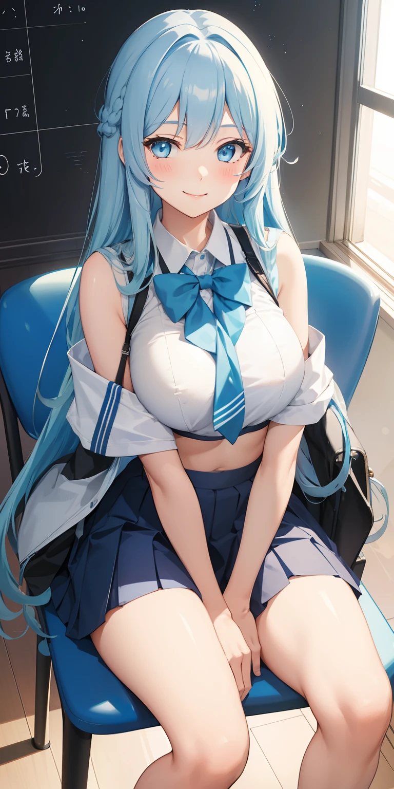 From above, (Squint your eyes:1.2), close, One Girl, blush, sit, nsfw,beautiful girl,Wear a uniform, Light blue skirt, Anime move,Two Side Up、(huge breasts:1.1)、Exposing the breasts、Bare your breasts、Nipples、on the train、crowded train、a lot of people、Black Pantyhose