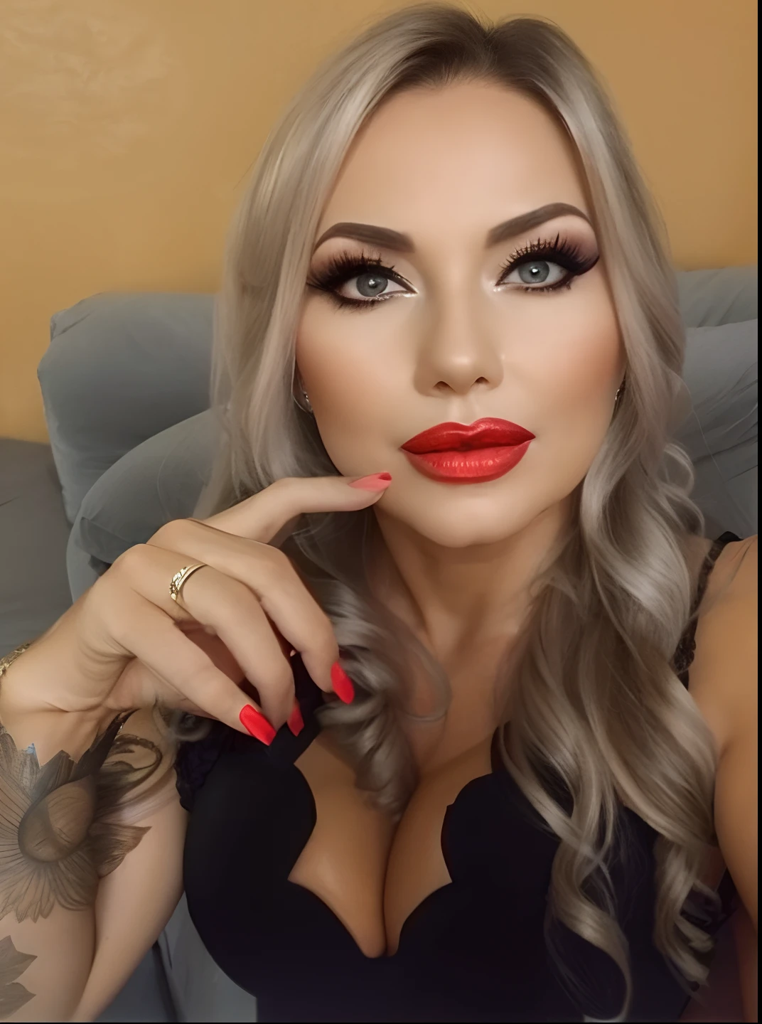 Giant breast beauty old 45 year lady With long blonde hair , in sexy lingerie, all full body in the bedroom futon in Massage center, perfect makeup, highres, High resolution, real photo
