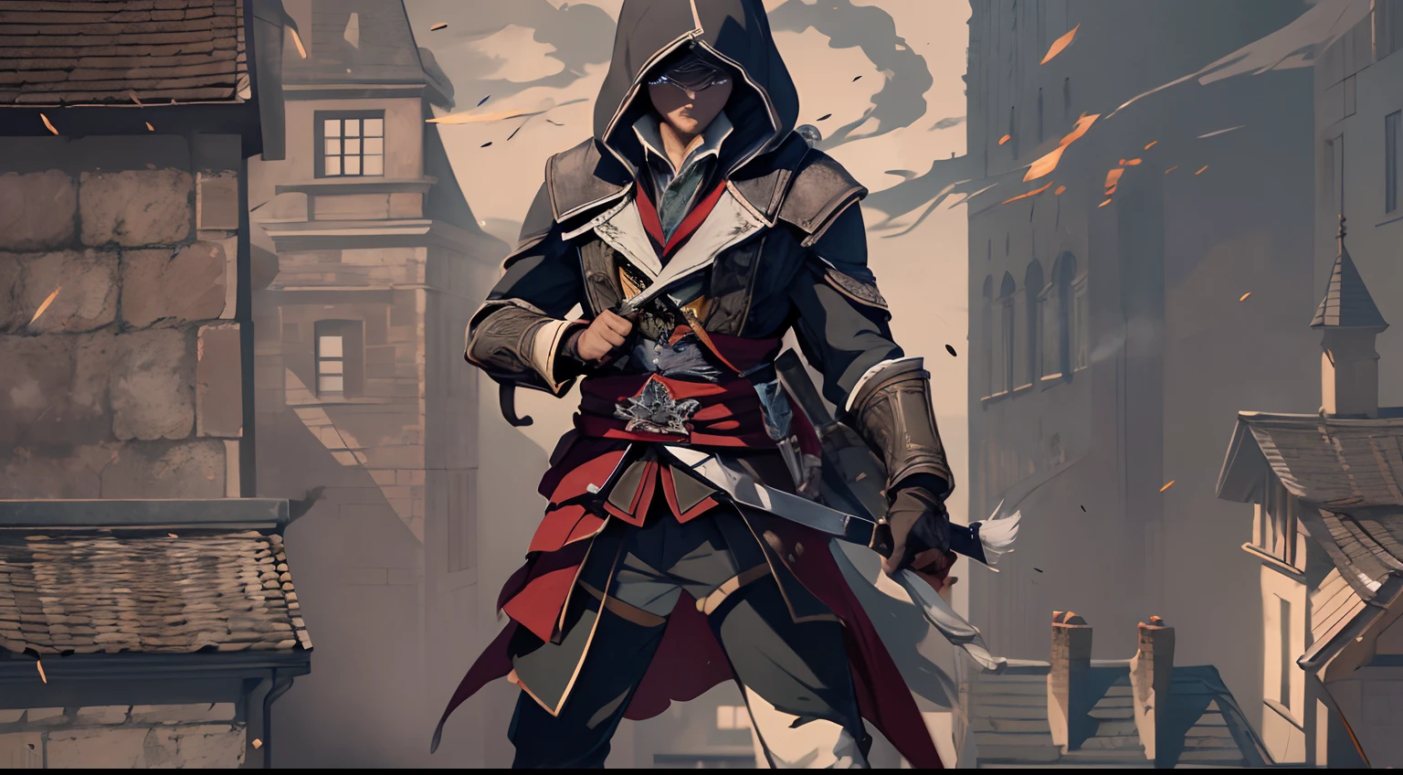 Body Standing, Assassin's Creed, (Illustration style), On the roof of Frank's house in the 1700s, Dark smoke, wall-paper, Intricate background, amazing background, action scene, (Like a movie action cover)