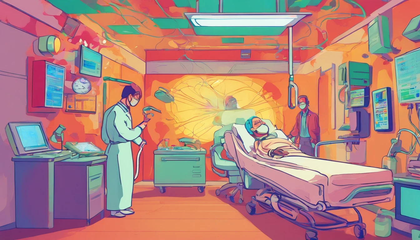 (best quality,highres:1.2),hospital bed,hospital equipment,medical supplies,patient on a hospital bed,motionless patient,hospital room,sterile environment,white walls,medical monitor,bright lighting,nurse attending to the patient,busy hospital scene,stressful atmosphere,medical intervention,medical care,tranquilizer injection,calm expression on the patient's face,medical mask and gloves,hospital bedsheet,hospital gown,folded blanket,IV drip,heart rate monitor,blood pressure cuff,quiet surroundings,restful environment,medical professionals,professionalism,efficient medical service,meticulous attention to detail,sterilization process,precise medical procedures,bright and clean surroundings,standard medical equipment,well-organized medical equipment,calm and peaceful ambiance,serene atmosphere,quality healthcare,modern medical facilities,state-of-the-art medical equipment,advanced medical technology,patient-centered care,accurate diagnosis,patient safety,medical knowledge,compassionate healthcare providers,peaceful recovery environment,fast and effective medical treatment,meticulous care and service,efficient operation,PAPR(hospital mask),comfortable hospital room,proper patient monitoring,prompt medical intervention,swift emergency response,attentive nursing staff,patient privacy,respectful and empathetic care