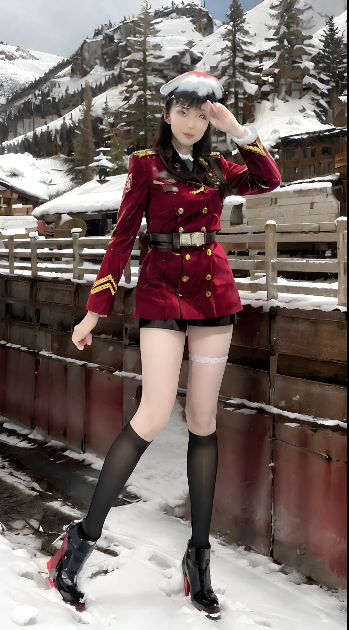 Woman in red uniform poses in the snow，Wear skis, thighhighs and skirt, Red Uniform, Wearing a red captain's uniform, girl in uniform, perfect military composure, in a soldier uniform, russian and japanese mix, anya from spy x family, in full military garb, Japanese model, beautiful full body shot, Ayaka cosplay, in a soldier uniform, Long legs