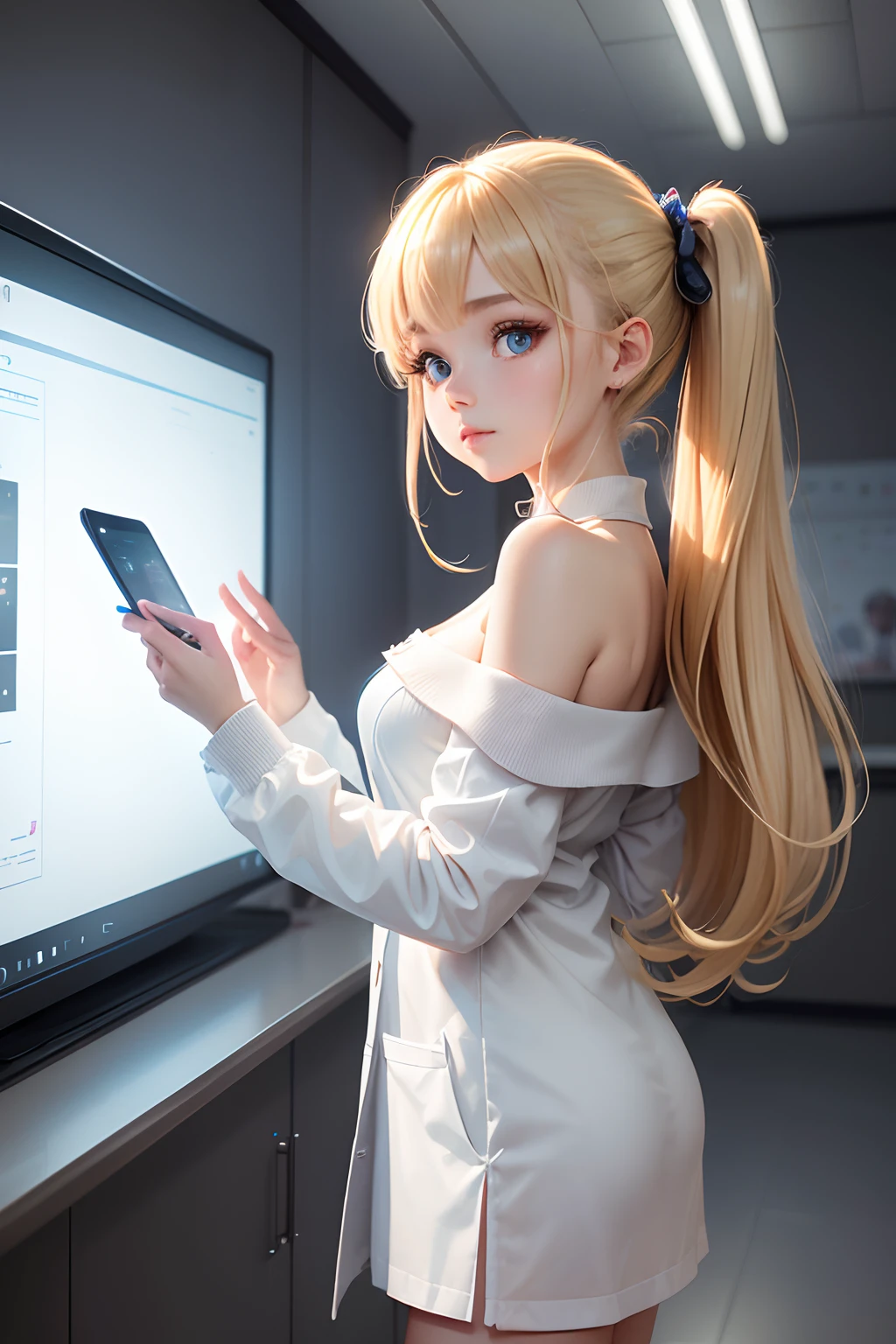 (hyperdetailed face, Perfect face and nice perfect face),( hight resolution, ultra-detailliert),Unsupervised, Wearing a white off-shoulder lab coat、Have a holographic tablet, Stand in front of an interactive digital whiteboard, She shows the complex Voynich Codex, While teaching a class of students with augmented reality headsets and smart bracelets, in modern, Lighted classroom, With windows to create a futuristic cityscape with skyscrapers and flying vehicles. Petite girl with blonde twin tails