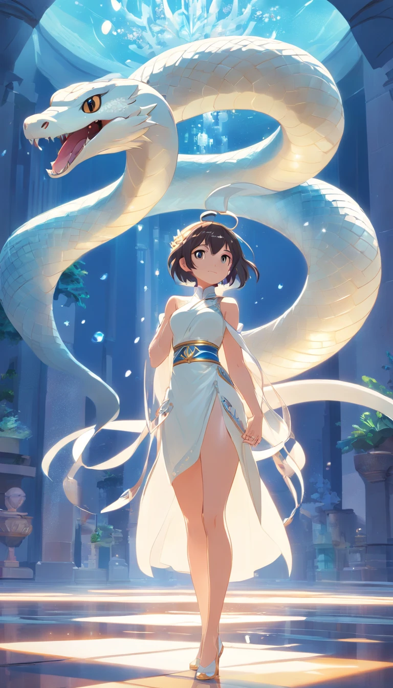 Pixar style super cute anthropomorphic white snake, Dai Han costume and crystal crown, standing, Charming big eyes, Cute tail, standing, Surreal, Super fine, Luxurious, Graceful standing, Charming big eyes, Cute tail, standing, Surreal, Super detailed, Cover your breasts,Scenery under the skirt,Luxurious, elegant, complex, Gorgeous, illusory engine, Octane rendering, 8K, Frey surrealism