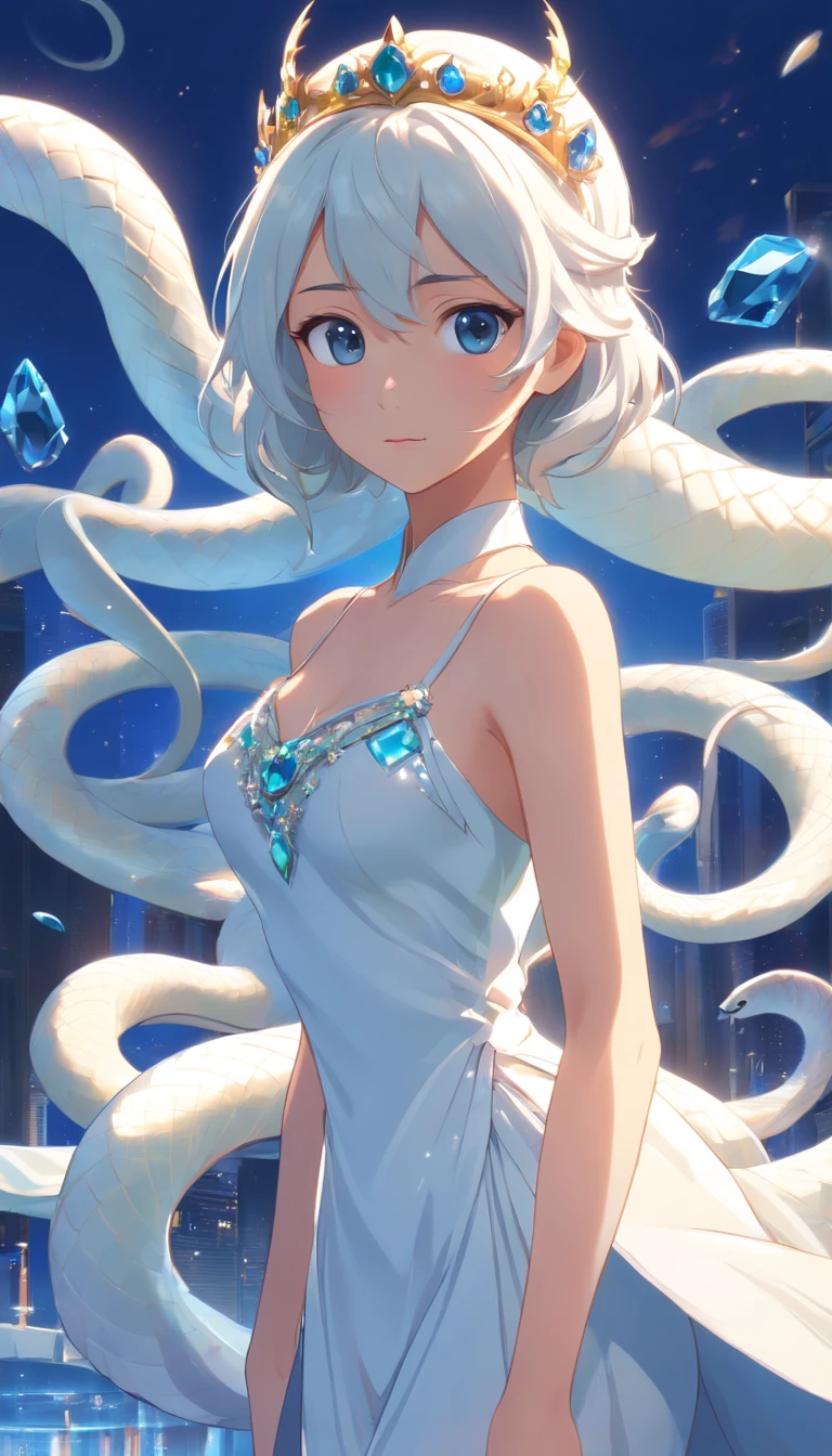 Pixar style super cute anthropomorphic white snake, Dai Han costume and crystal crown, standing, Charming big eyes, Cute tail, standing, Surreal, Super fine, Luxurious, Graceful standing, Charming big eyes, Cute tail, standing, Surreal, Super detailed, Cover your breasts,Scenery under the skirt,Luxurious, elegant, complex, Gorgeous, illusory engine, Octane rendering, 8K, Frey surrealism