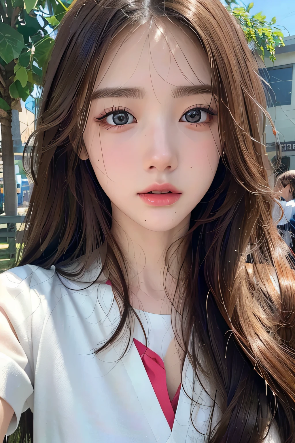 (hyperrealistic), (8K), (extremely detailed), (best illustration), (beautiful detailed eyes), (best quality), (ultra-detailed), (masterpiece), (wallpaper), (detailed face), solo, 1 girl, one-hour drawing challenge, wet sweat, (school uniform:1.3), looking at the audience, exquisite details, detailed faces, ,pureerosfaceace_ v1,