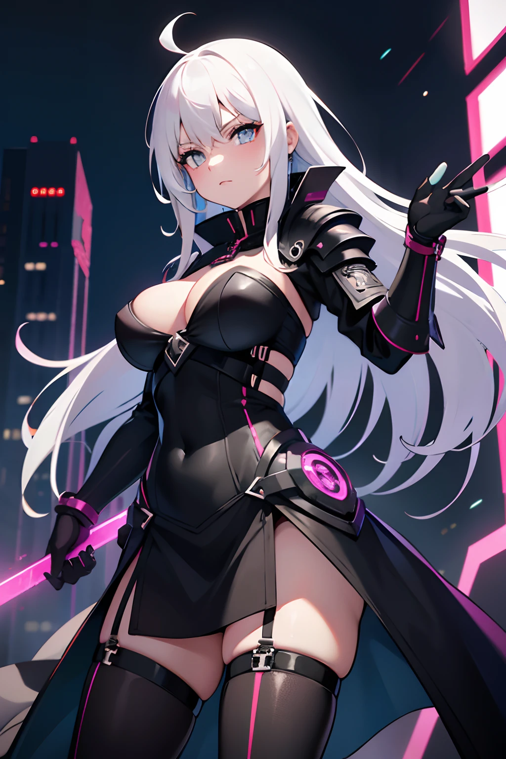 Bounce young woman, Gesicht, White hair, Armor of the Black Dragon, Maske, Rote Augen, High quality, super detailliert, Super Evil Armor, vorderseite, Helles Bild, vorderseite, Drachenschwert, mehr vorne, black armor, Roter-Kupfer Verzierung, Cyberpunk, Neon, metallisch, fullbody view, sehr detalliert, erotisch, hentai
