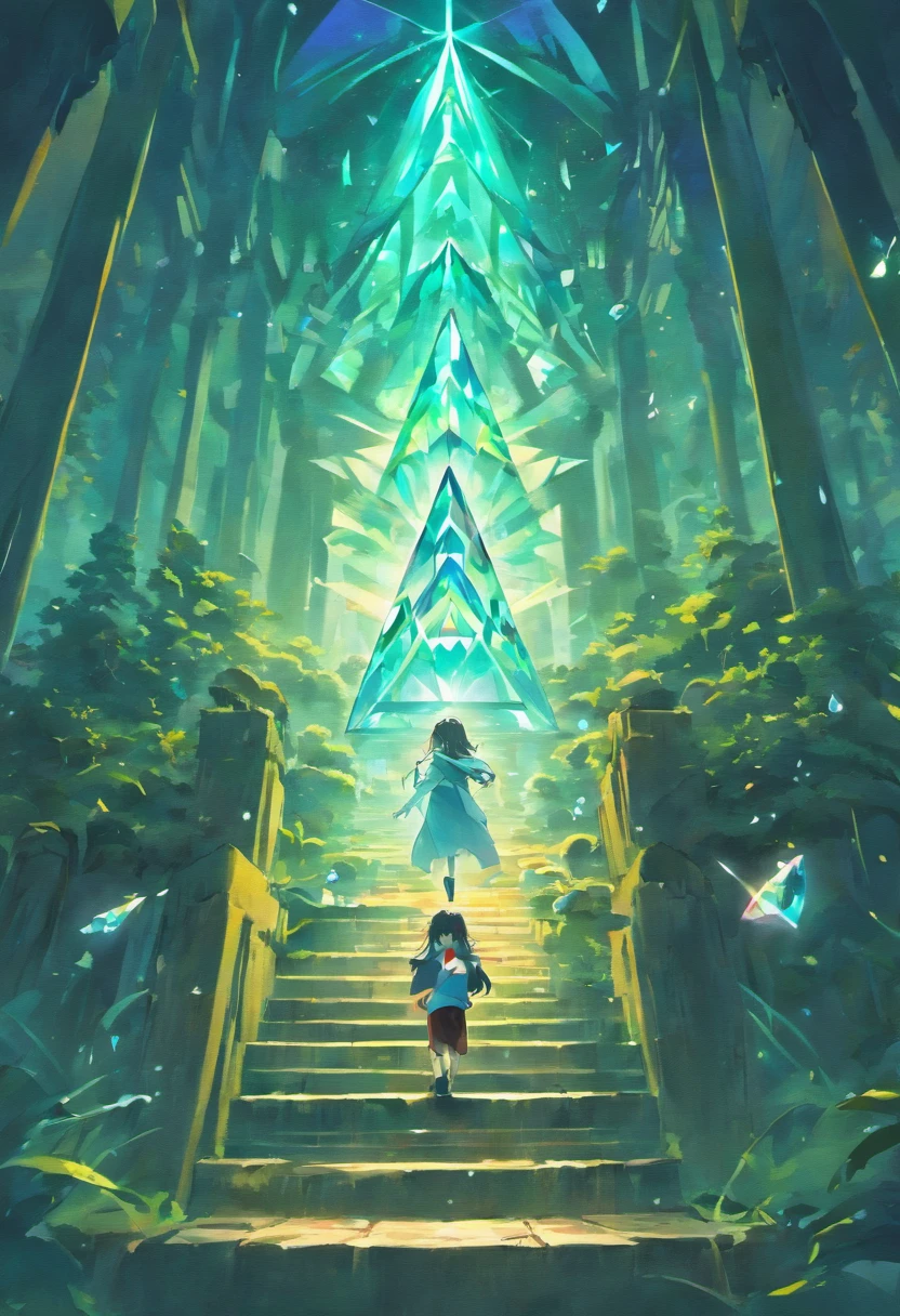A crystal pyramid in the hand of three children looking at it in front of you; Floresta ao fundo; Children's book cover composition
