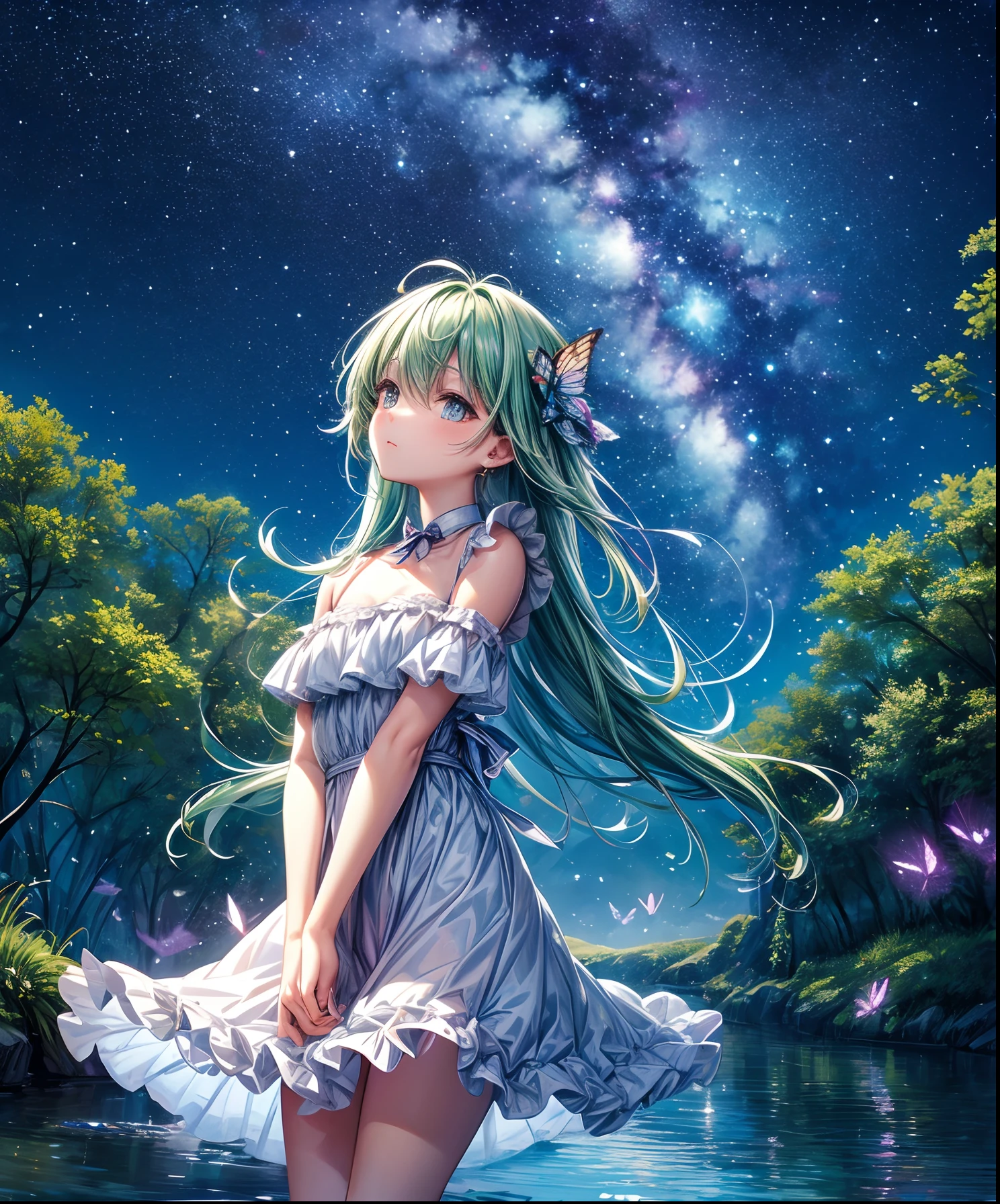 Cute girl characters、Describes a scene with grassy butterflies lying on the water flying around, Looking up at the starry sky. Surround her with colorful nebulae and her favorite constellations.
