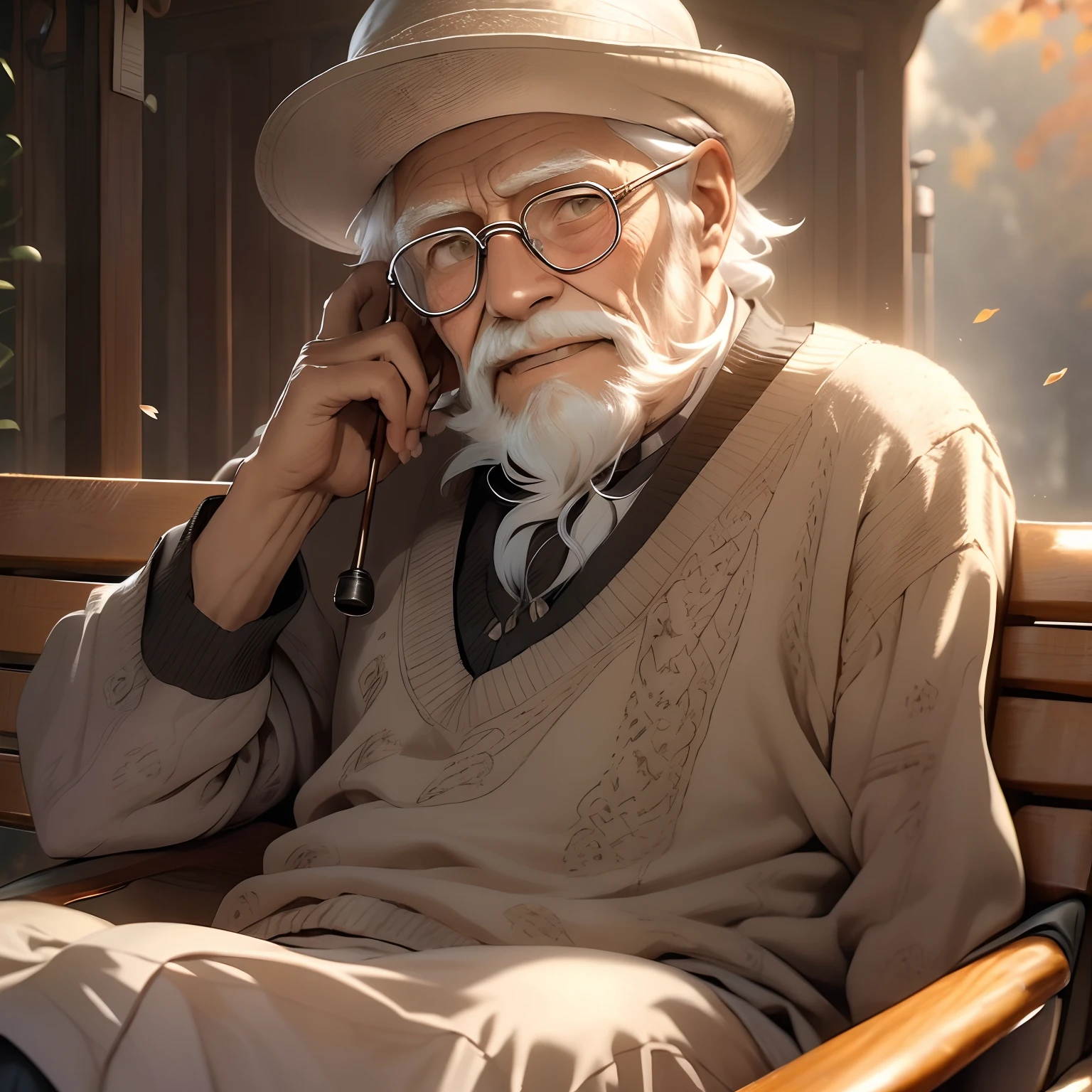 an elderly man, wise expression, wrinkles, silver beard, weathered hands, spectacles, gray hair, sitting on a bench, gentle smile, serene atmosphere, peaceful surroundings, autumn leaves, warm sunlight, traditional clothing, walking stick, hint of nostalgia, rustic charm, vintage filter, soft color palette, natural lighting, detailed brushwork, high-quality illustration