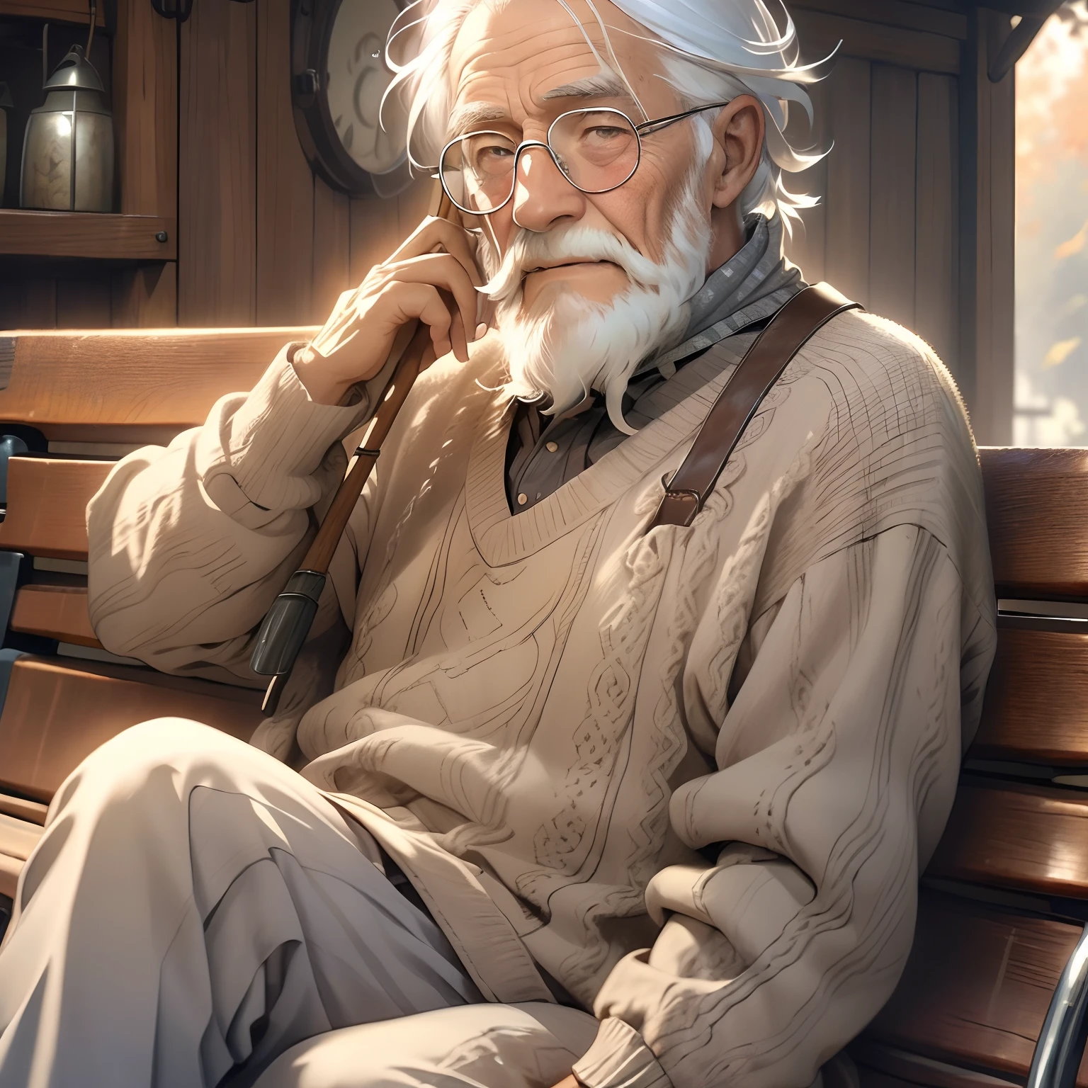 an elderly man, wise expression, wrinkles, silver beard, weathered hands, spectacles, gray hair, sitting on a bench, gentle smile, serene atmosphere, peaceful surroundings, autumn leaves, warm sunlight, traditional clothing, walking stick, hint of nostalgia, rustic charm, vintage filter, soft color palette, natural lighting, detailed brushwork, high-quality illustration