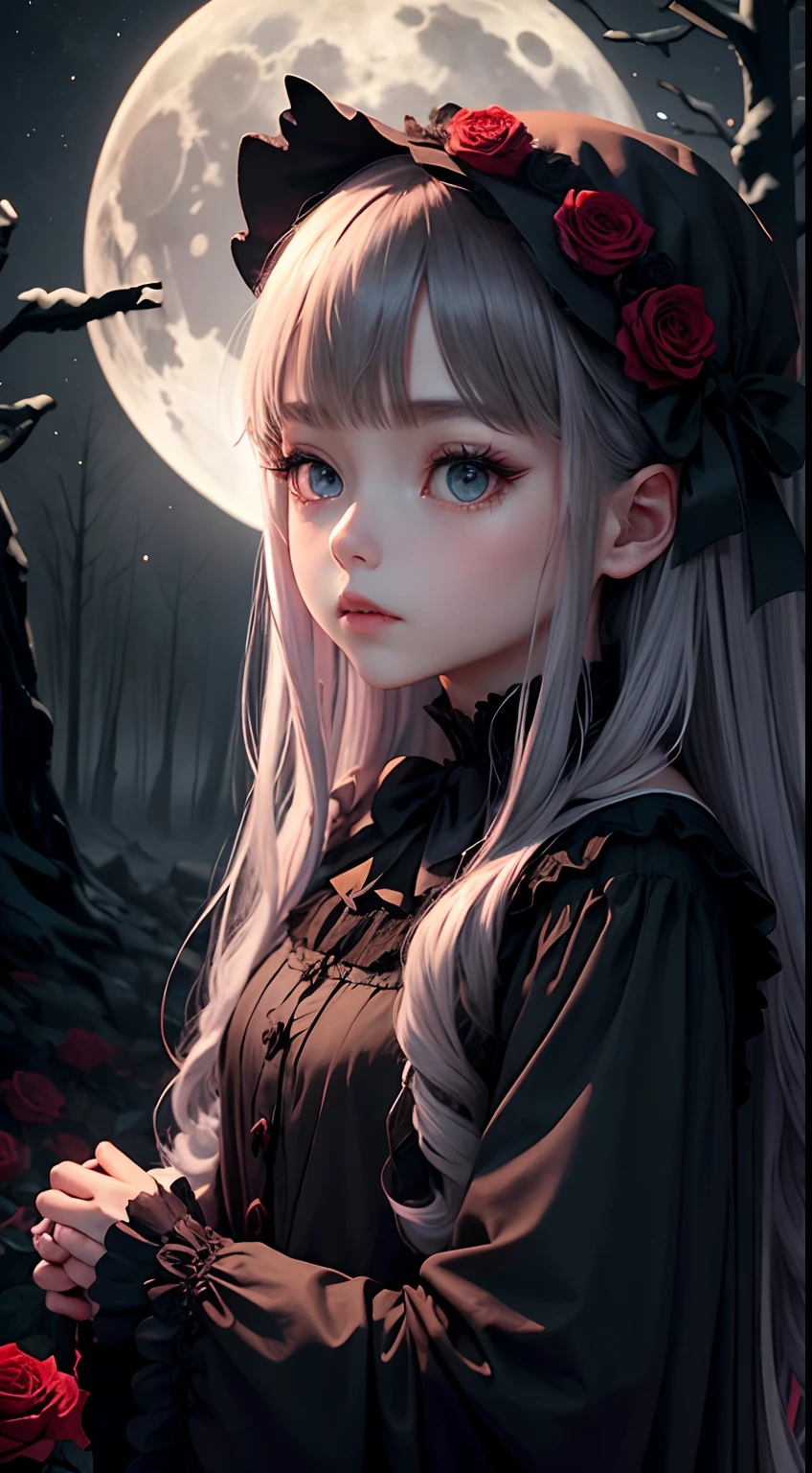 dark and eerie forest、Full moon in the night sky、Scatter red roses、Bell Sleep、gothic lorita、Wide wrist、nobles、Big bright eyes、bow ribbon、Straight long hair、the witch