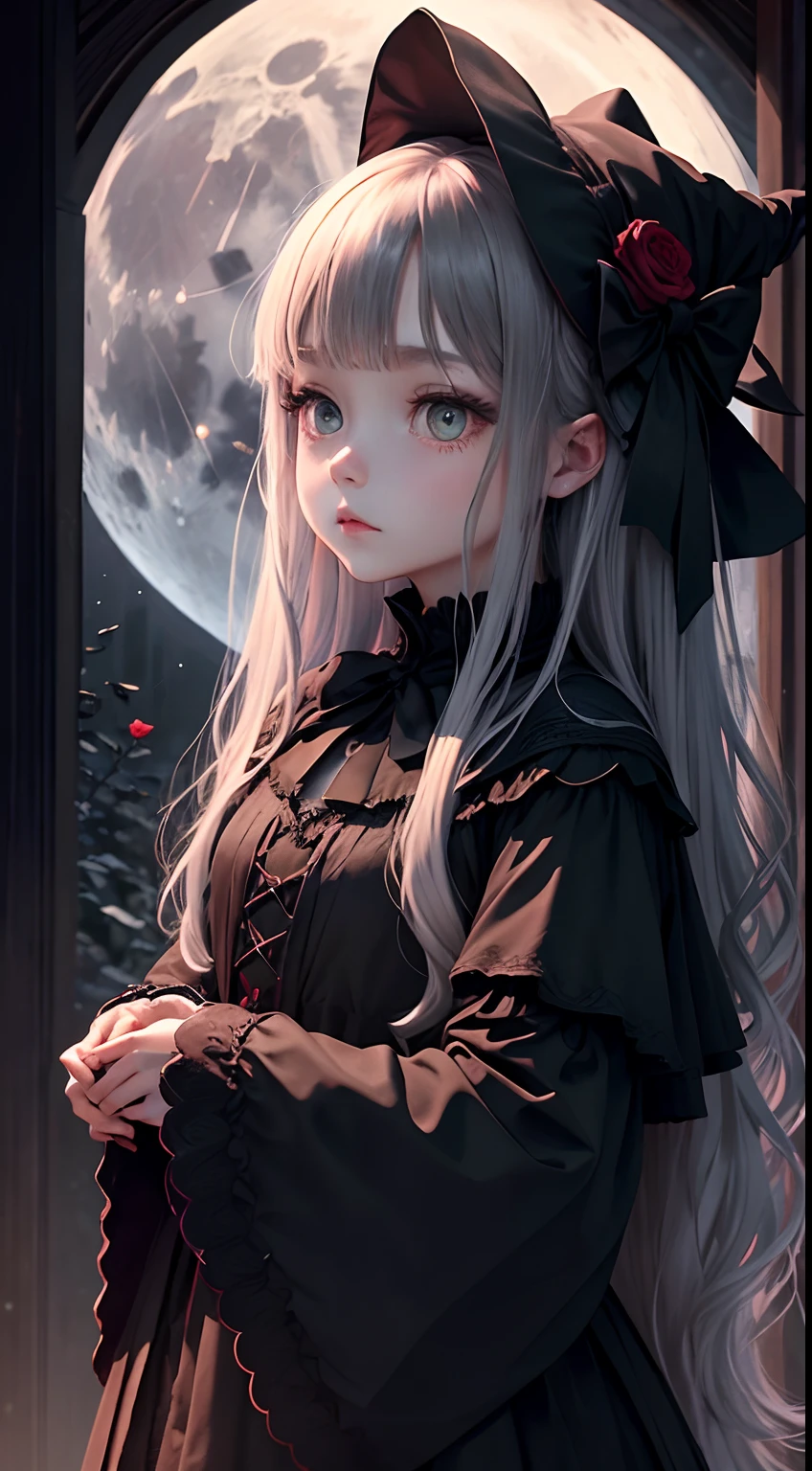 dark and eerie forest、Full moon in the night sky、Scatter red roses、Bell Sleep、gothic lorita、Wide wrist、nobles、Big bright eyes、bow ribbon、Straight long hair、the witch