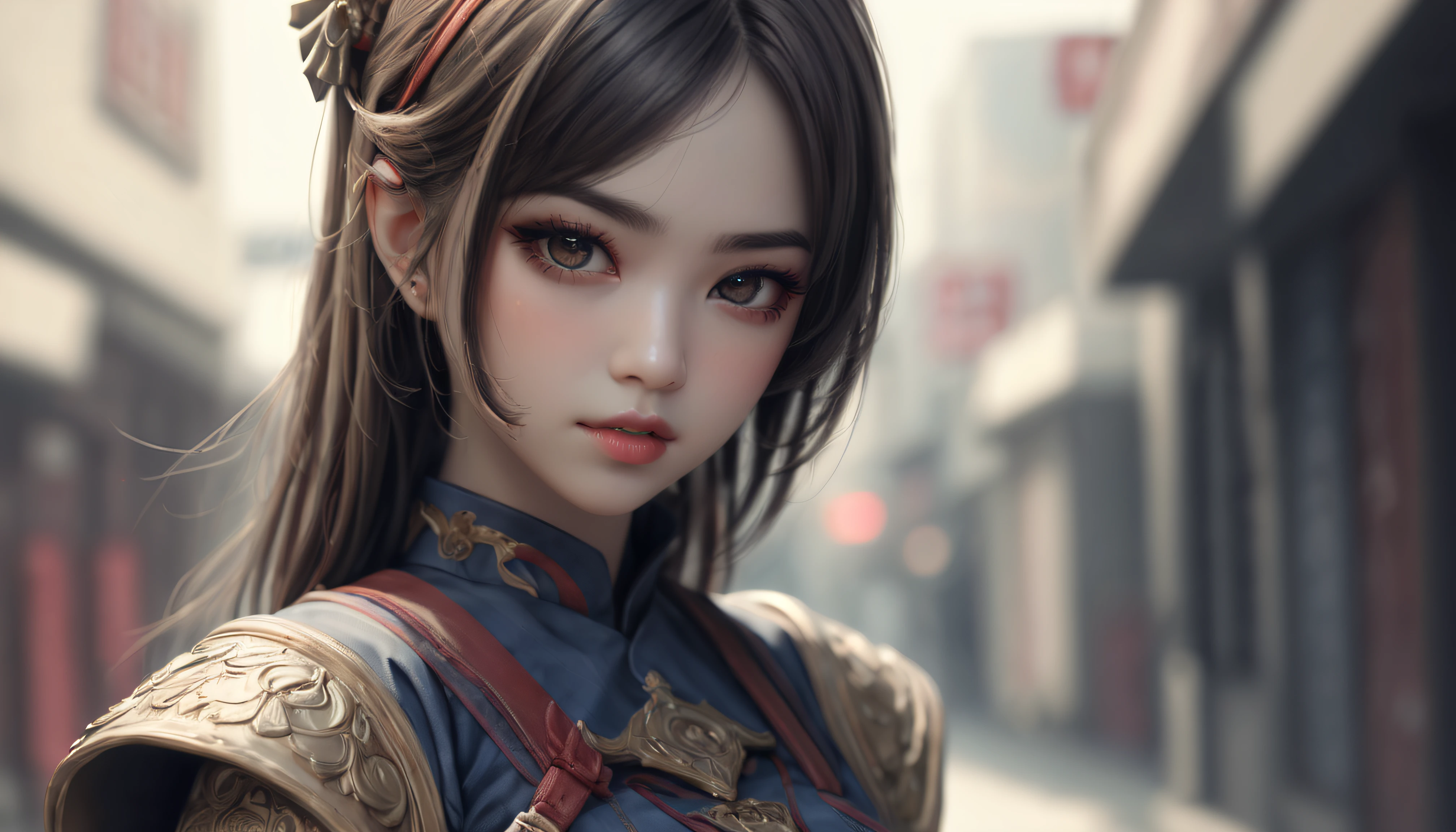 (melhor qualidade, Altas, ultra-detalhado), Realistic, HDR, fofo, olhos e rosto detalhados, Detailed lips, long eyelashes, Elfa , Beautiful features, body curvy, Traje e armadura de samurai, traje de astronauta, olhando diretamente para o espectador, olhar intenso, emotional expression, mystic atmosphere