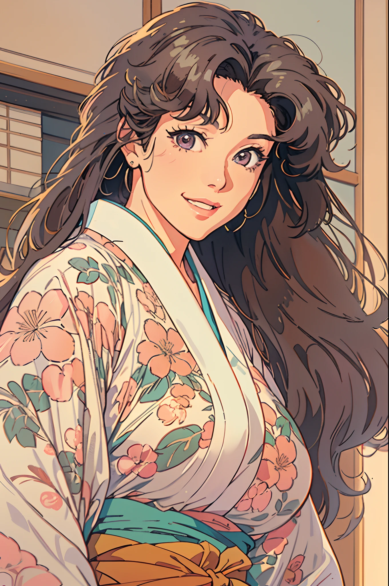 (1980s anime), Japanese woman in a silk floral kimono, not wearing a bra or underwear, medium breasts, long wavy hair, smiling, light blush on cheeks, (mature face:1.4), (shot from below:1.4), (inside a traditional Ryokan), extremely detailed face and eyes, absurdes, huge breasts,  sagging breasts, (focus on breasts), 4k, masterpiece, muted pastel colors, dynamic shadows
