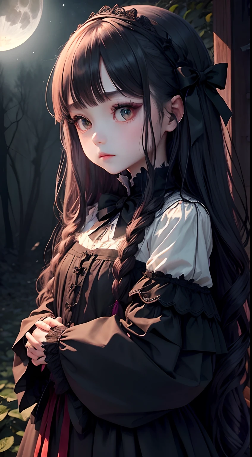 dark and eerie forest、Full moon in the night sky、Scatter red roses、Bell Sleep、gothic lorita、Wide wrist、nobles、Big bright eyes、bow ribbon、Straight long hair、the witch