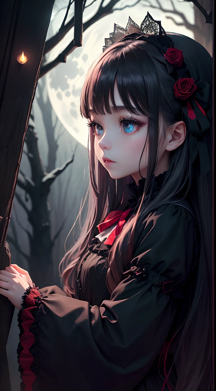 dark and eerie forest、Full moon in the night sky、Scatter red roses、Bell Sleep、gothic lorita、Wide wrist、nobles、Big bright eyes、bow ribbon、Straight long hair、the witch