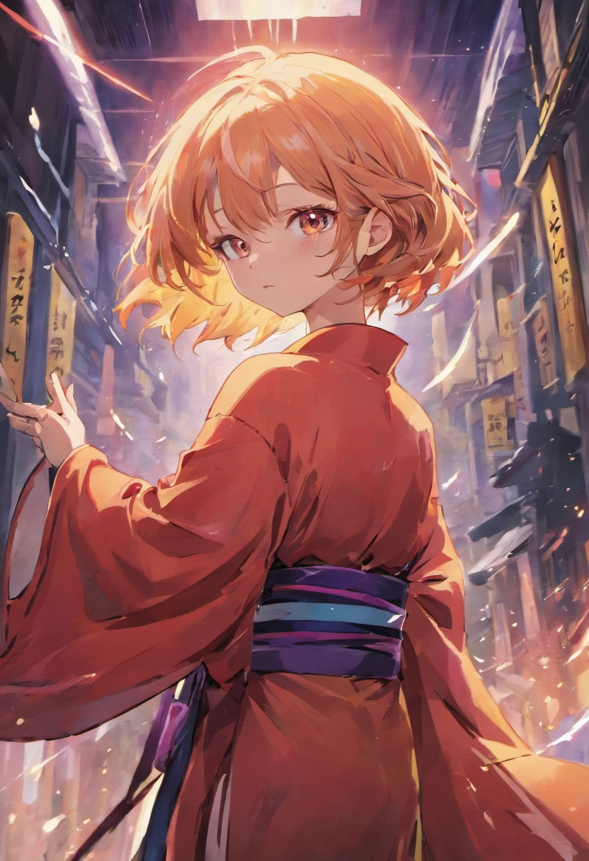 Anime art style. Mujer de cabello blanco y ojos Morados. Vestida con un kimono rojo. Sosteniendo una katana. parada frente a una tormenta. Aura de rayos. Ley visual