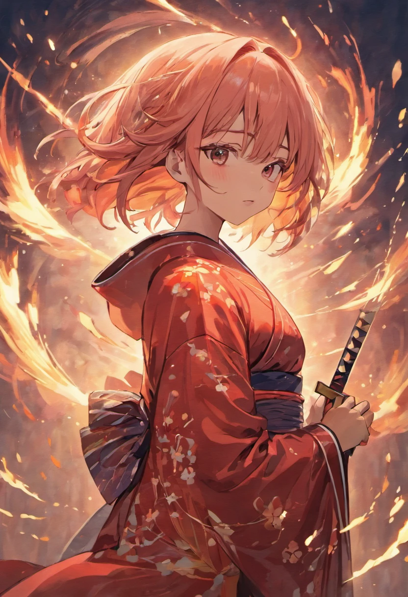 Anime art style. Mujer de cabello blanco y ojos Morados. Vestida con un kimono rojo. Sosteniendo una katana. parada frente a una tormenta. Aura de rayos. Ley visual