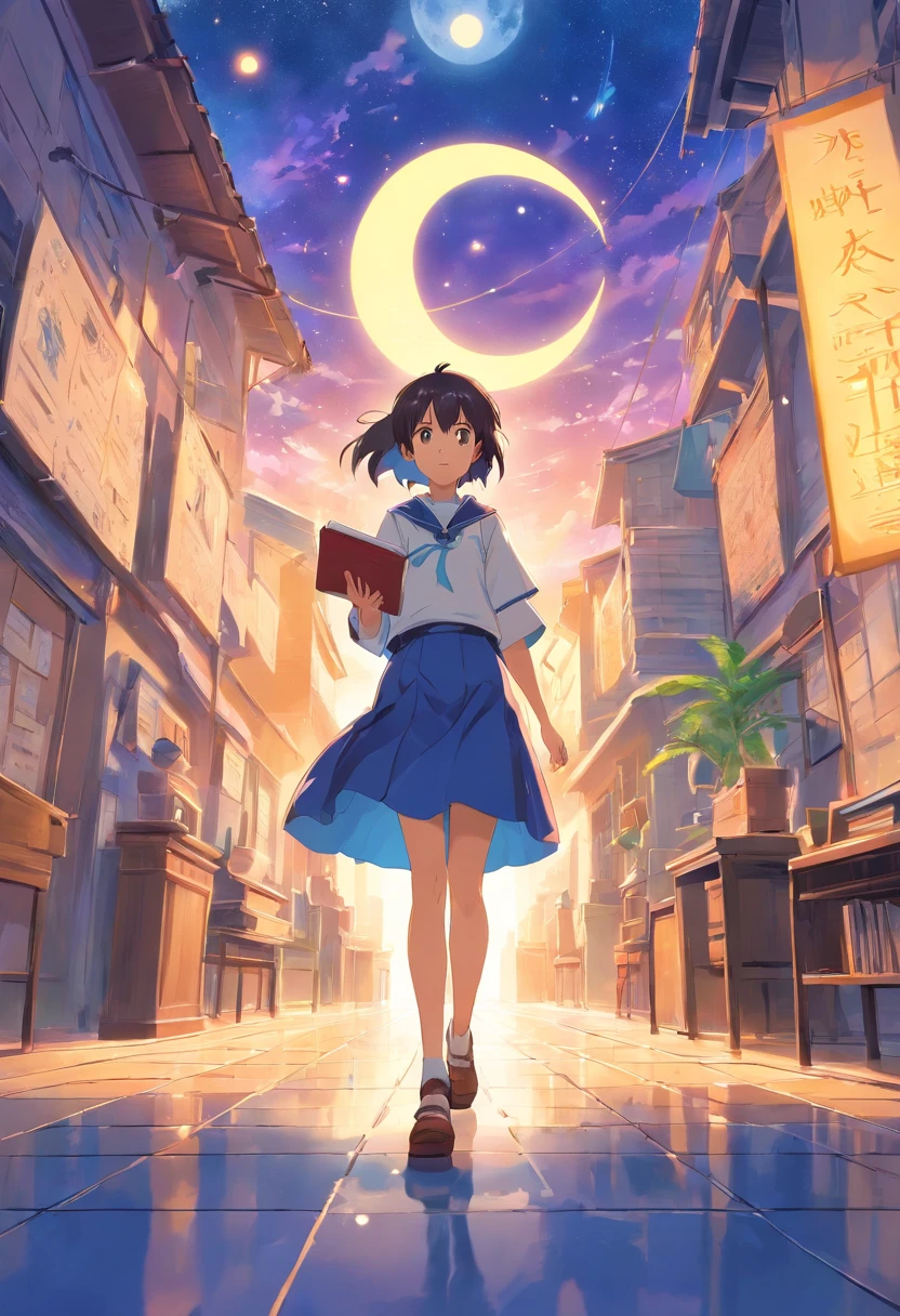 title: "The Crescent Moon School of Sorcery"
Sinopse: An ordinary teenager from a Noble family receives a mysterious letter that invites her to the Crescent Moon School of Sorcery, onde ela descobre seu potencial como bruxa. There, She makes friends and faces magical challenges, while unraveling ancient secrets that threaten the world of sorcerers. Criar parte da frente da capa do e-book.