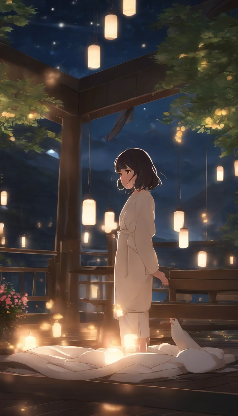 Masterpiece, high resolution, illustration, in style of kyoto animation, Your name is cinematic style, Night, midnight, Gentle light, enchanting glow, (1 woman: 1.3), (Solo: 1.4), Long eyelashes, a short bob, nase_Blush, Open_Mouth, futon, , , Towels, chilarism, Dynamic perspective, Perspective, Bokeh, Depth_af_Field, From_ Below