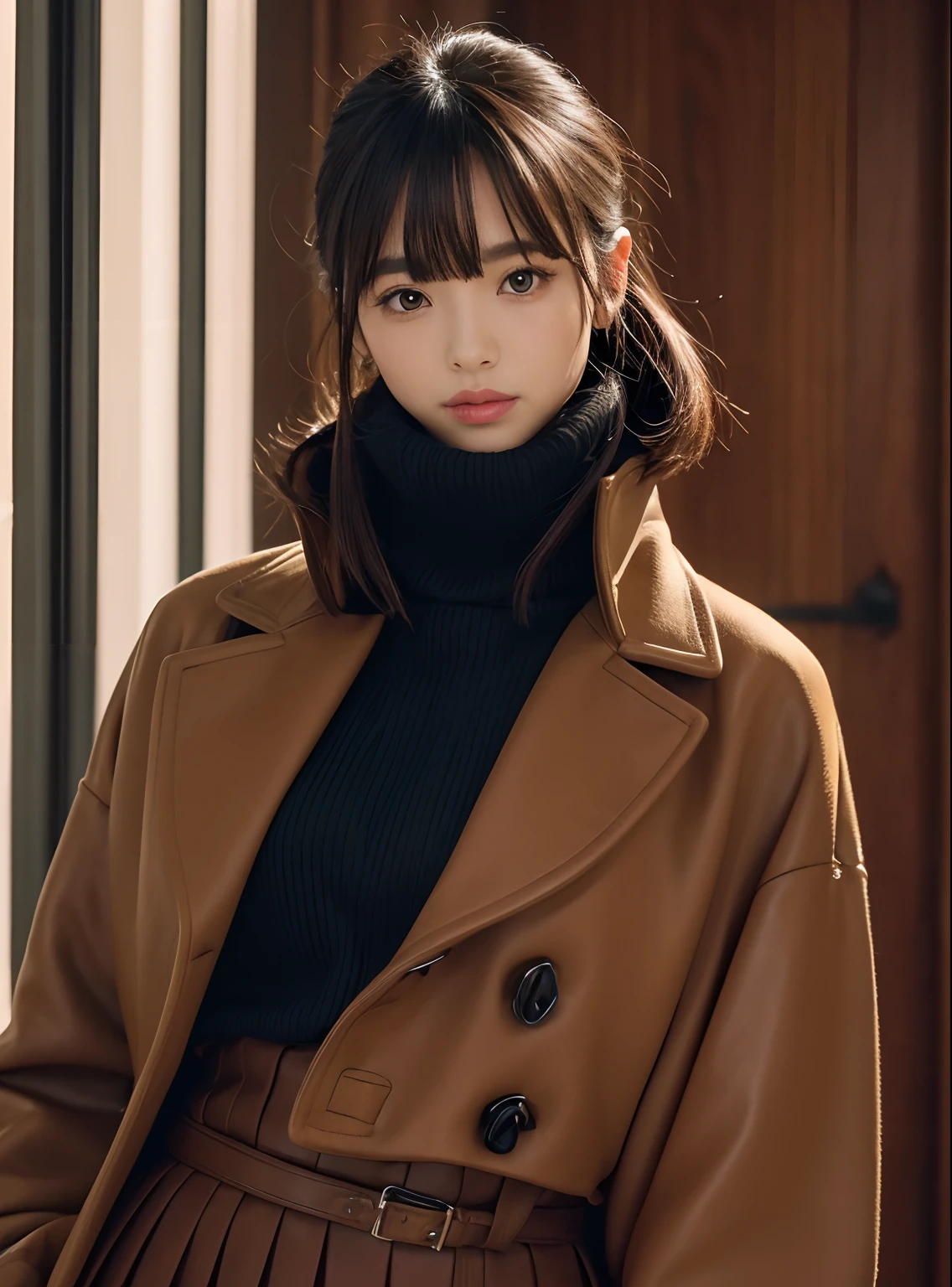 duffle coat, (turtle neck sweater:1.2), Pleated skirt, leather boots