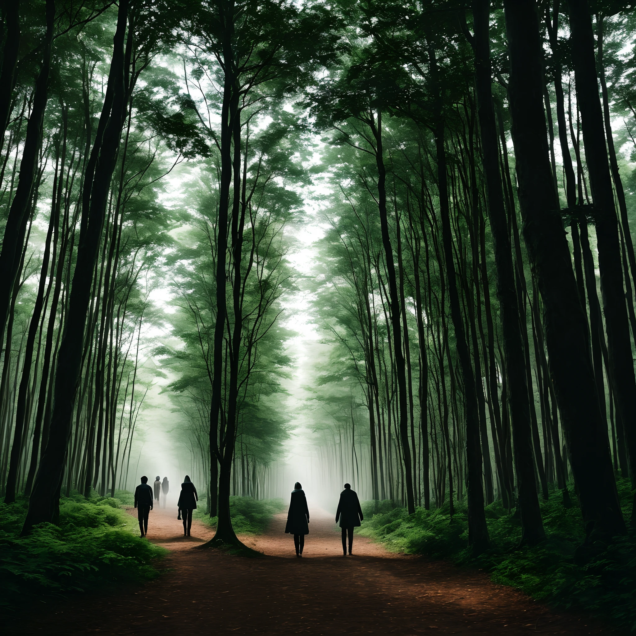 Image of friends walking in the dark forest]
