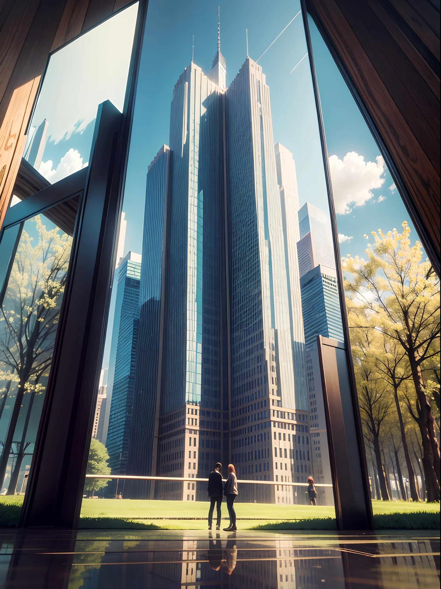 a mirror against a backdrop of City Parkduring Spring, reflective mirror, cinematic, Forest palette