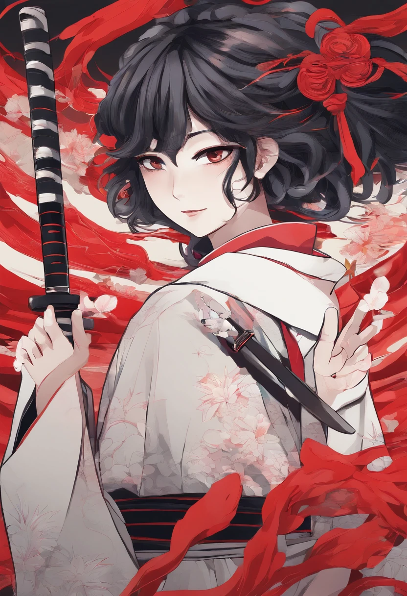 Anime art style. Mujer de cabello blanco y ojos Morados. Vestida con un kimono rojo. Sosteniendo una katana. parada frente a una tormenta. Aura de rayos. Ley visual