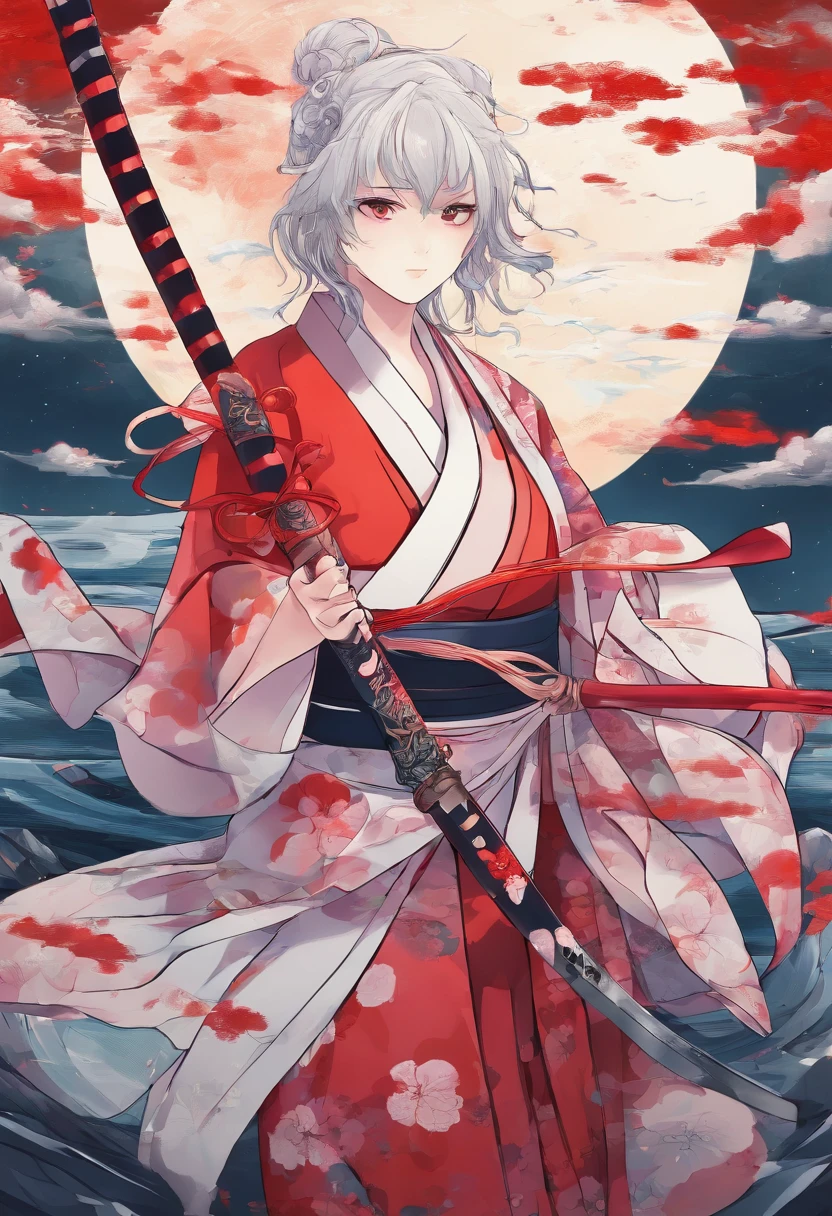 Anime art style. Mujer de cabello blanco y ojos Morados. Vestida con un kimono rojo. Sosteniendo una katana. parada frente a una tormenta. Aura de rayos. Ley visual