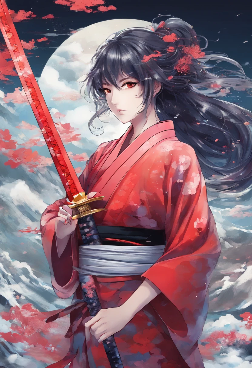 Anime art style. Mujer de cabello blanco y ojos Morados. Vestida con un kimono rojo. Sosteniendo una katana. parada frente a una tormenta. Aura de rayos. Ley visual