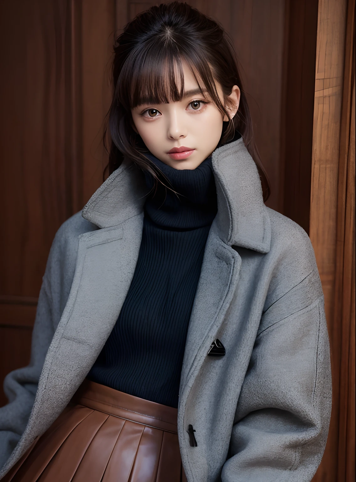 duffle coat, (turtle neck sweater:1.2), Pleated skirt, leather boots
