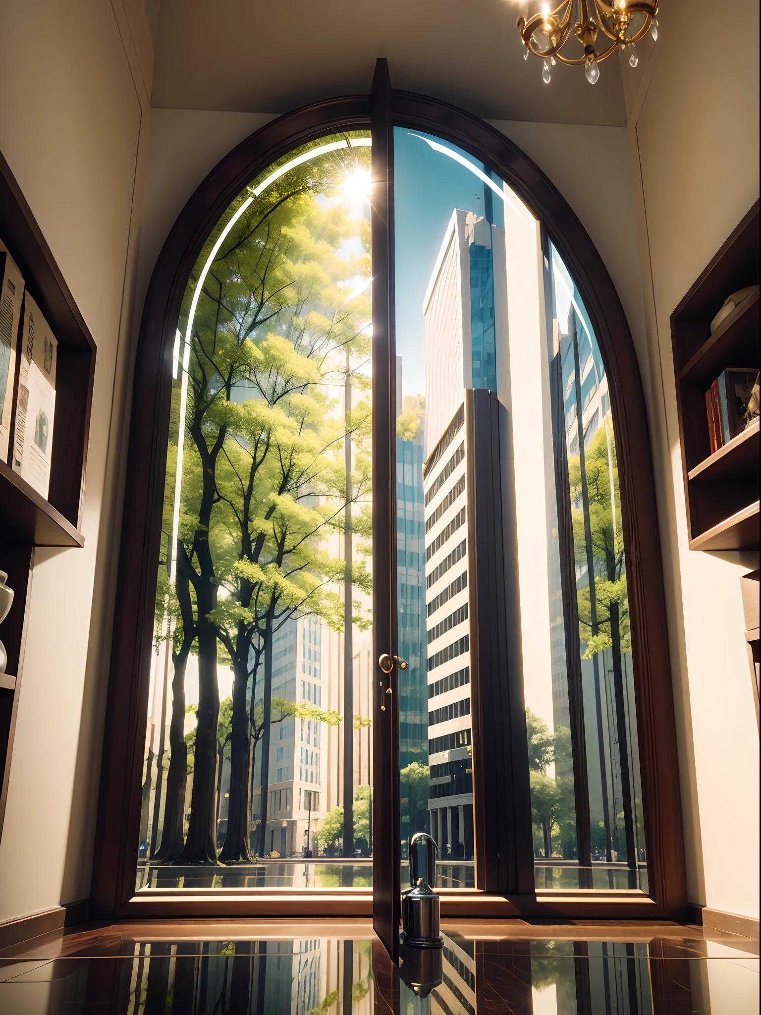 a mirror against a backdrop of City Parkduring Spring, reflective mirror,  cinematic, Forest palette