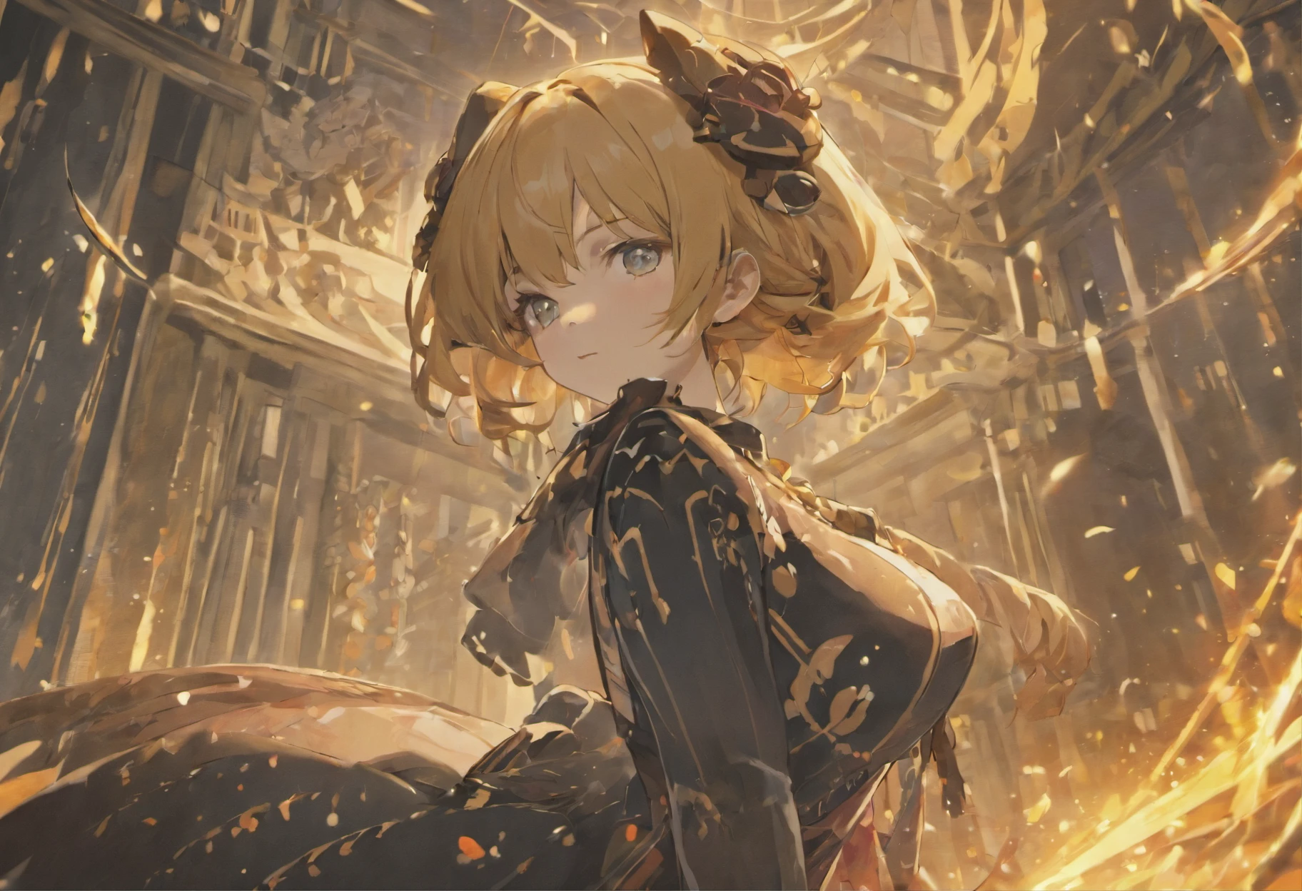 Masterpiece,Best quality,Extremely detailed Cg Unity 8K wallpaper, Masterpiece, Best quality, CG, Light ,detail processing,{Nero_yellow cat eyes },hair on one eye, Black long hair,{ Wife-like,Mature female}, huge tit, on cheongsam,bangle, navel ring,Belly tattoo