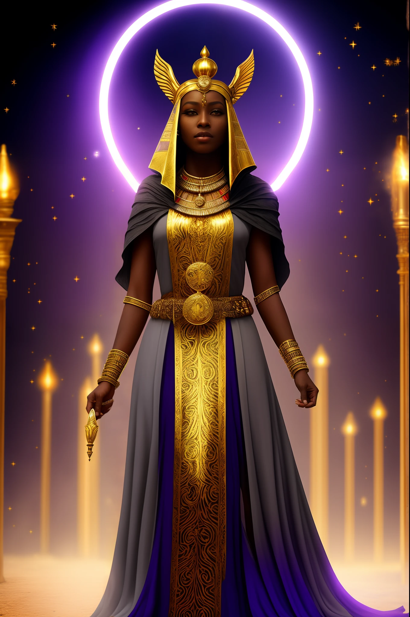 (Masterpiece1.4)(wide shot) dark skinned African fantasy priestess healer with glowing gold eyes and long (gray/white) streaked dreadlocks wearing glowing ornate (gold/purple/indigo) cloth gown, holding a gold and white shiny scepter looking off into the distance of a dystopian medieval Egyptian desert landscape